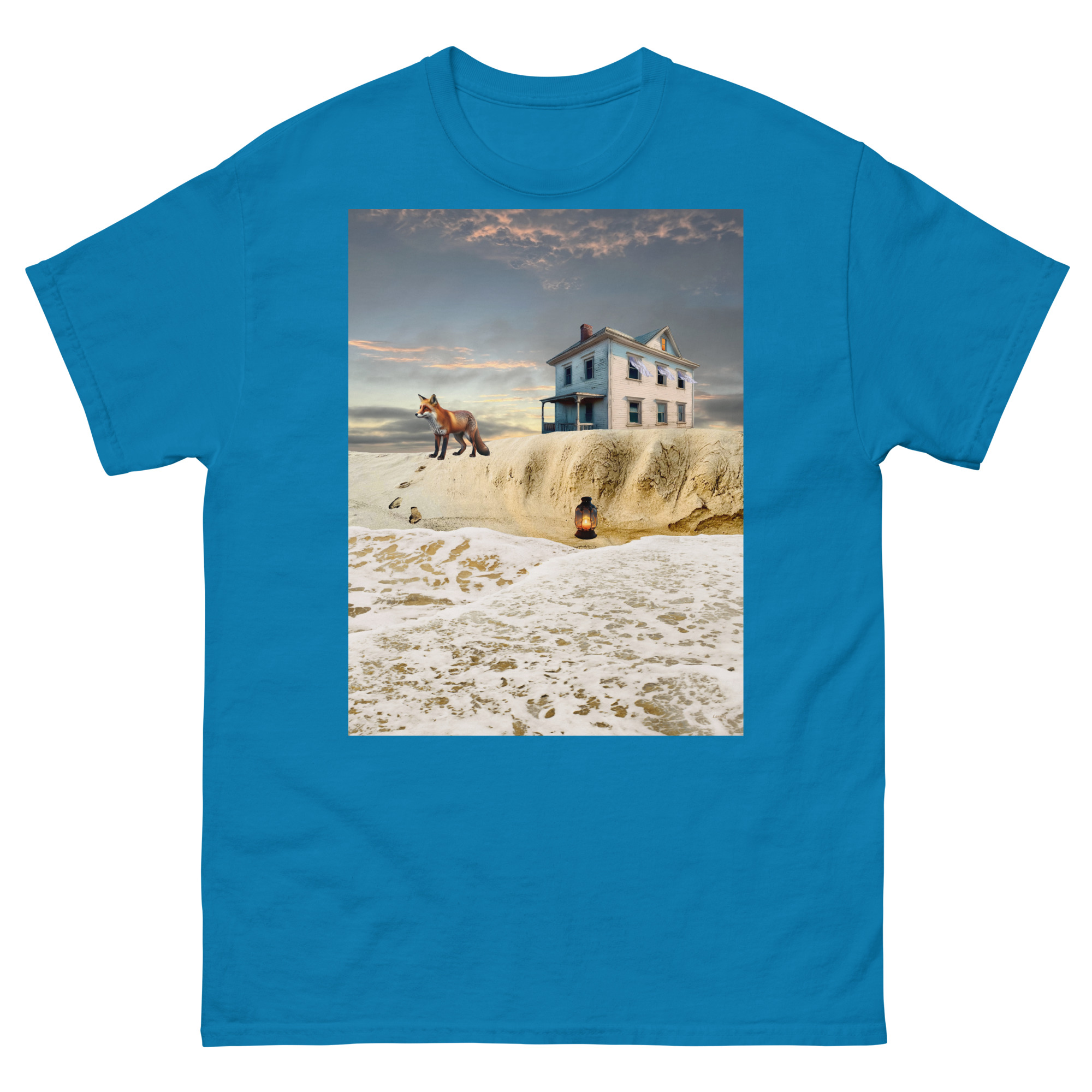 Surreal beach house with fox and lantern