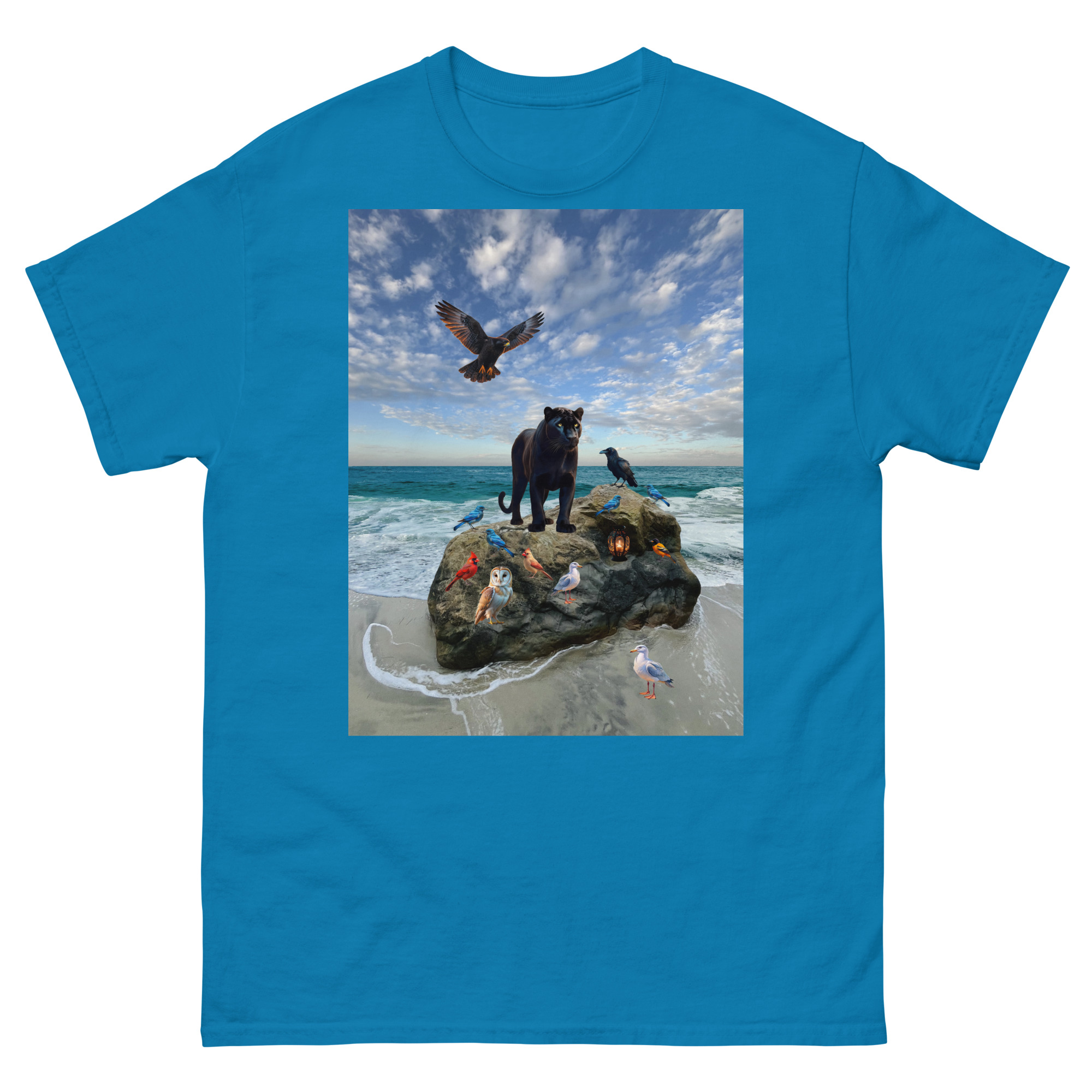 T-shirt with black panther and seaside wildlife