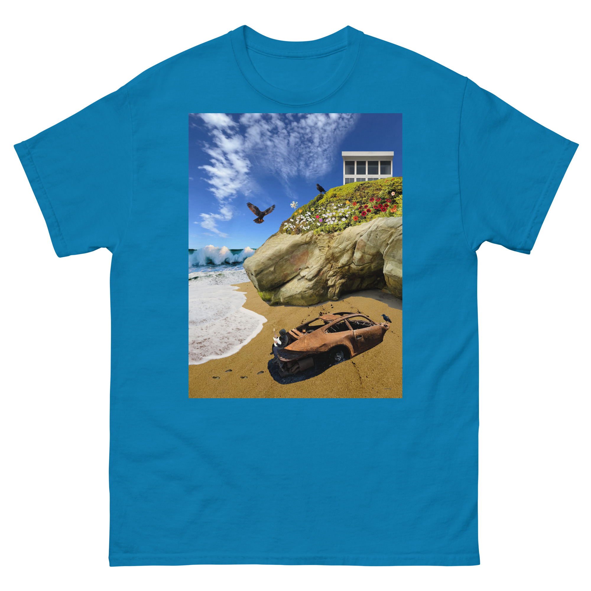 Blue t-shirt with beach scene and rusted car