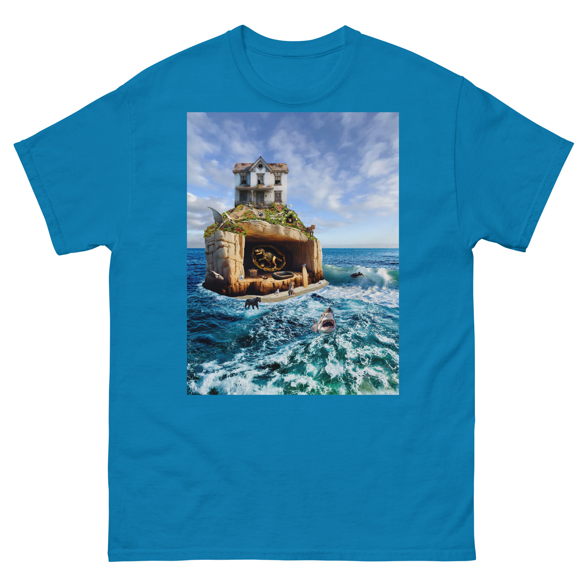 Skull-shaped island with house and boat