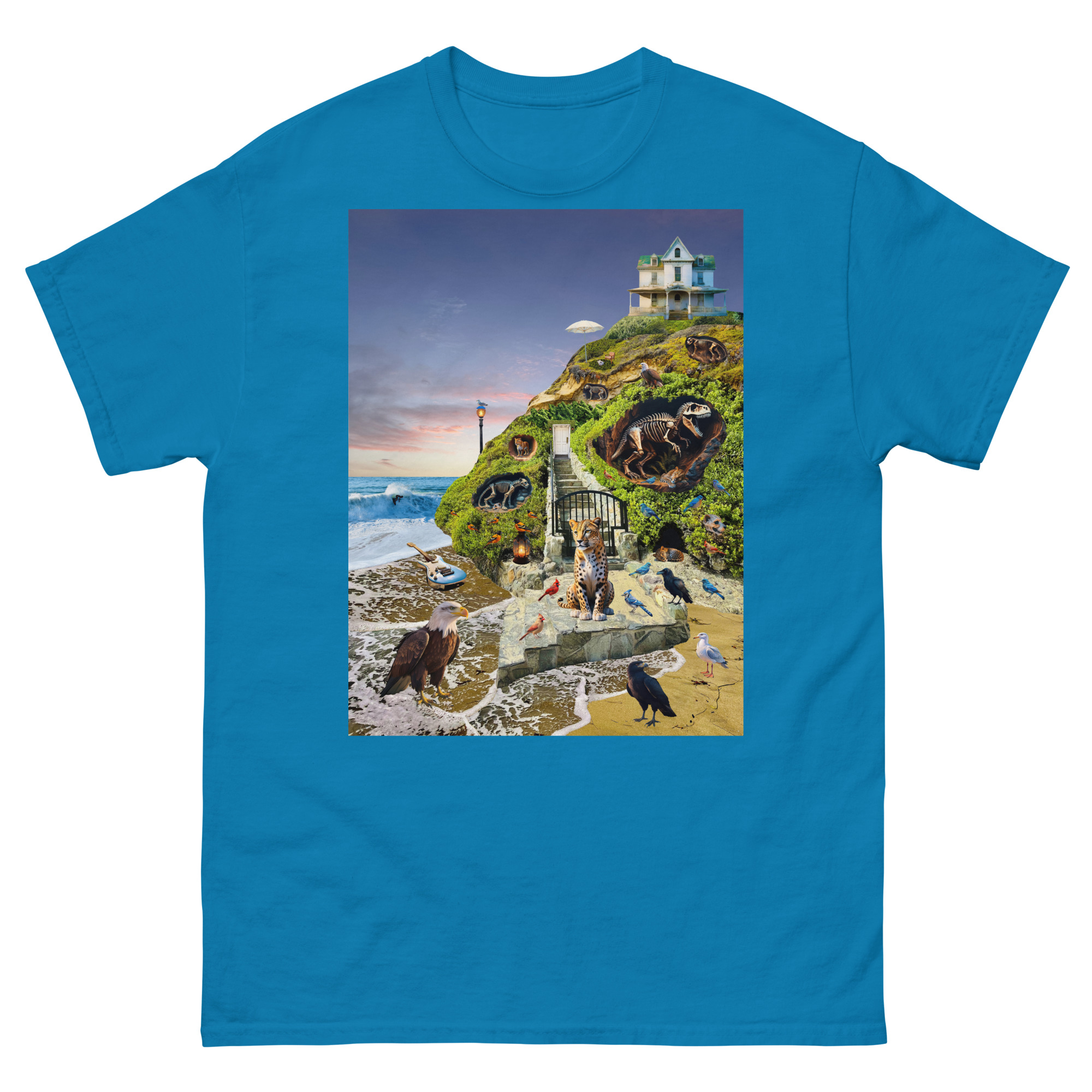 Blue t-shirt with coastal cliff house design