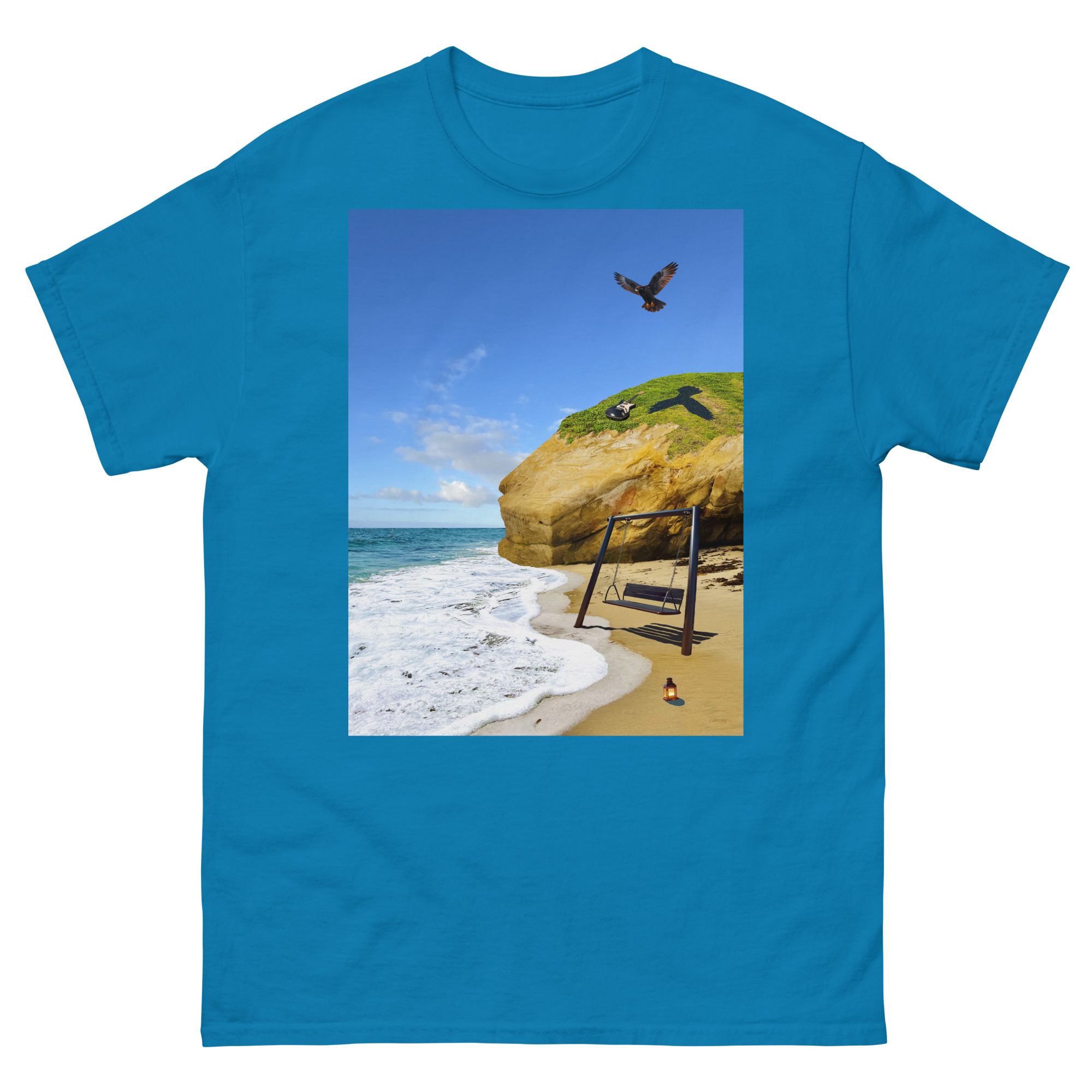Blue T-shirt with seaside cliff and swing