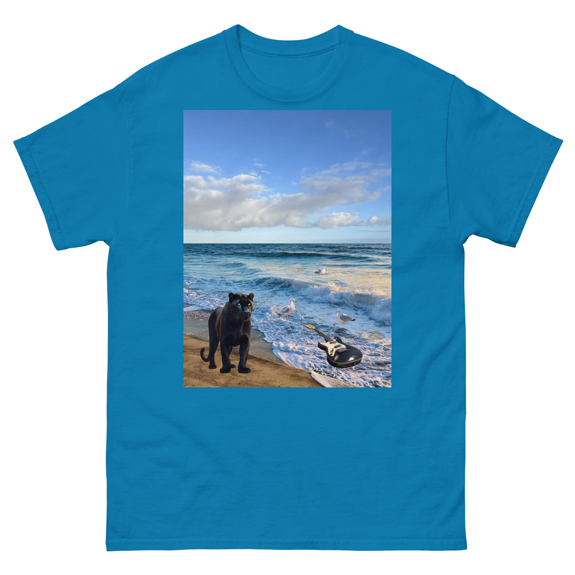 Panther and guitar on beach t-shirt