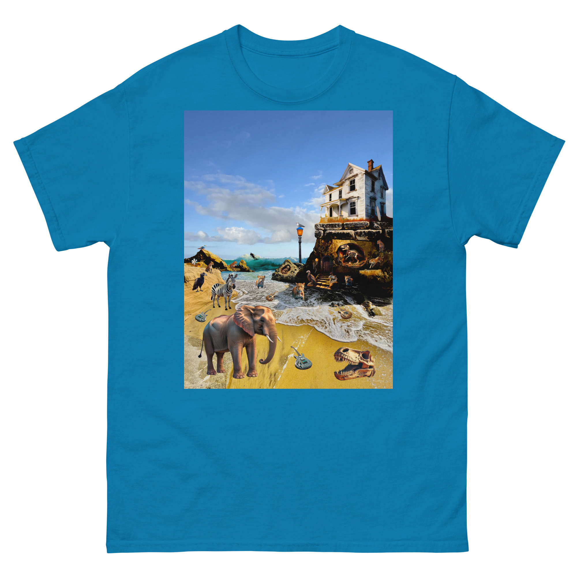 Blue T-shirt featuring surreal beach with elephants