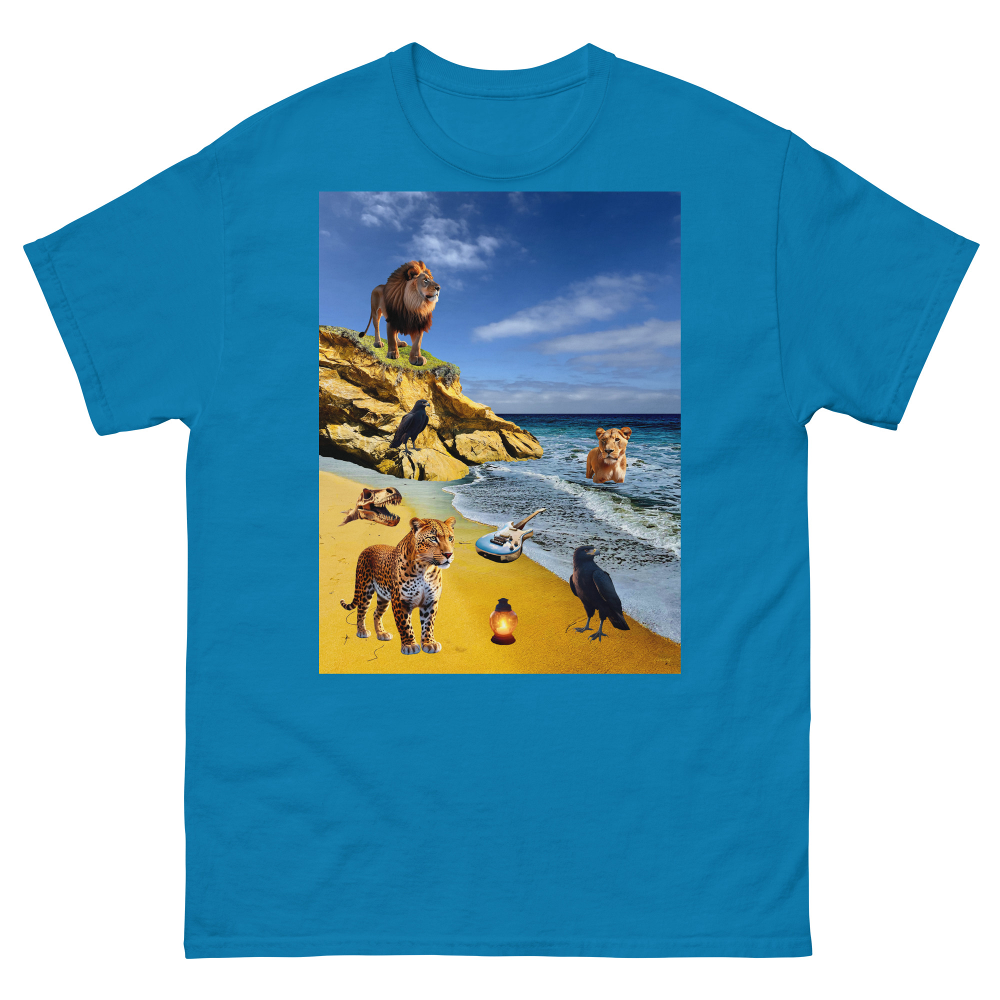 Blue T-shirt featuring beach animals collage