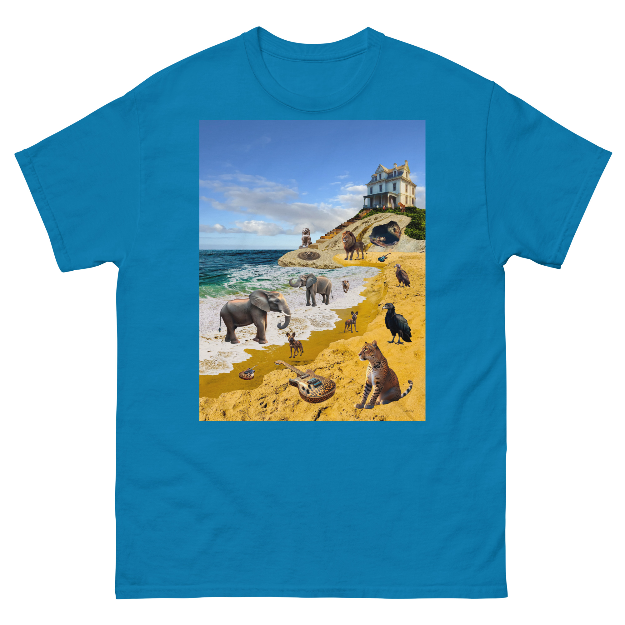 Animal beach collage with seaside house