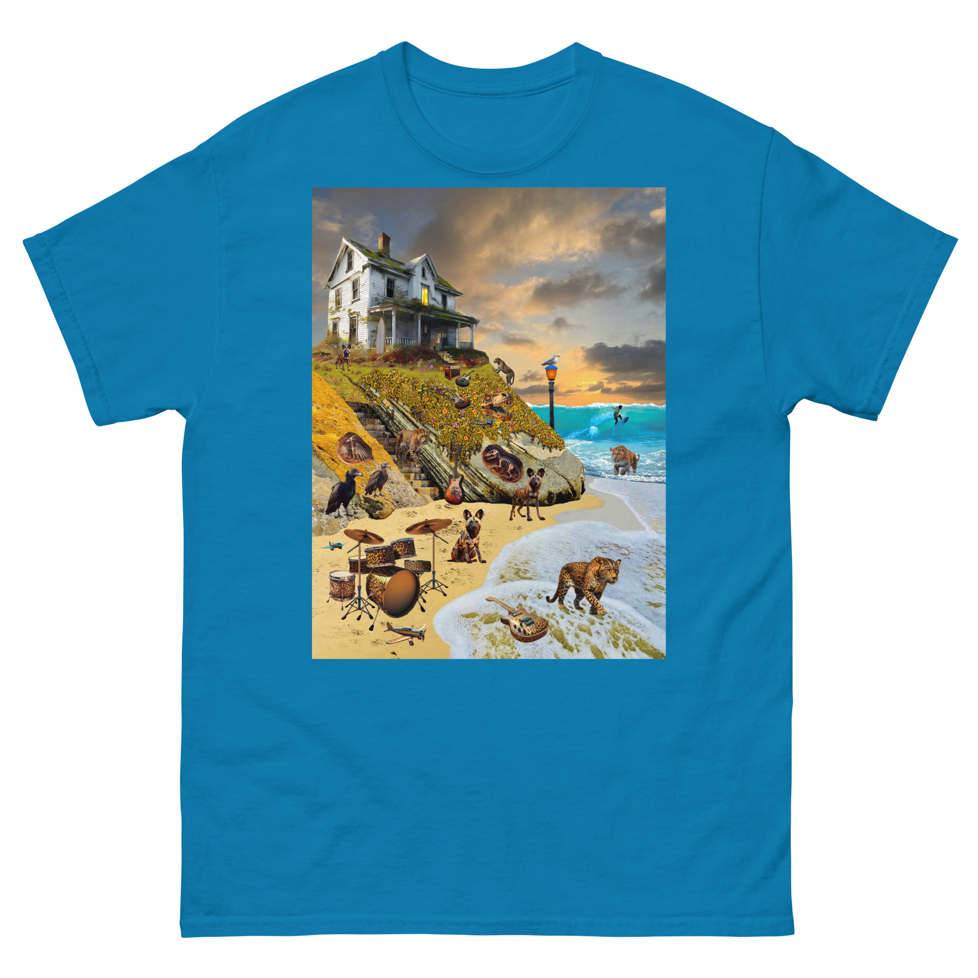 Surreal beach scene with house, animals, drums