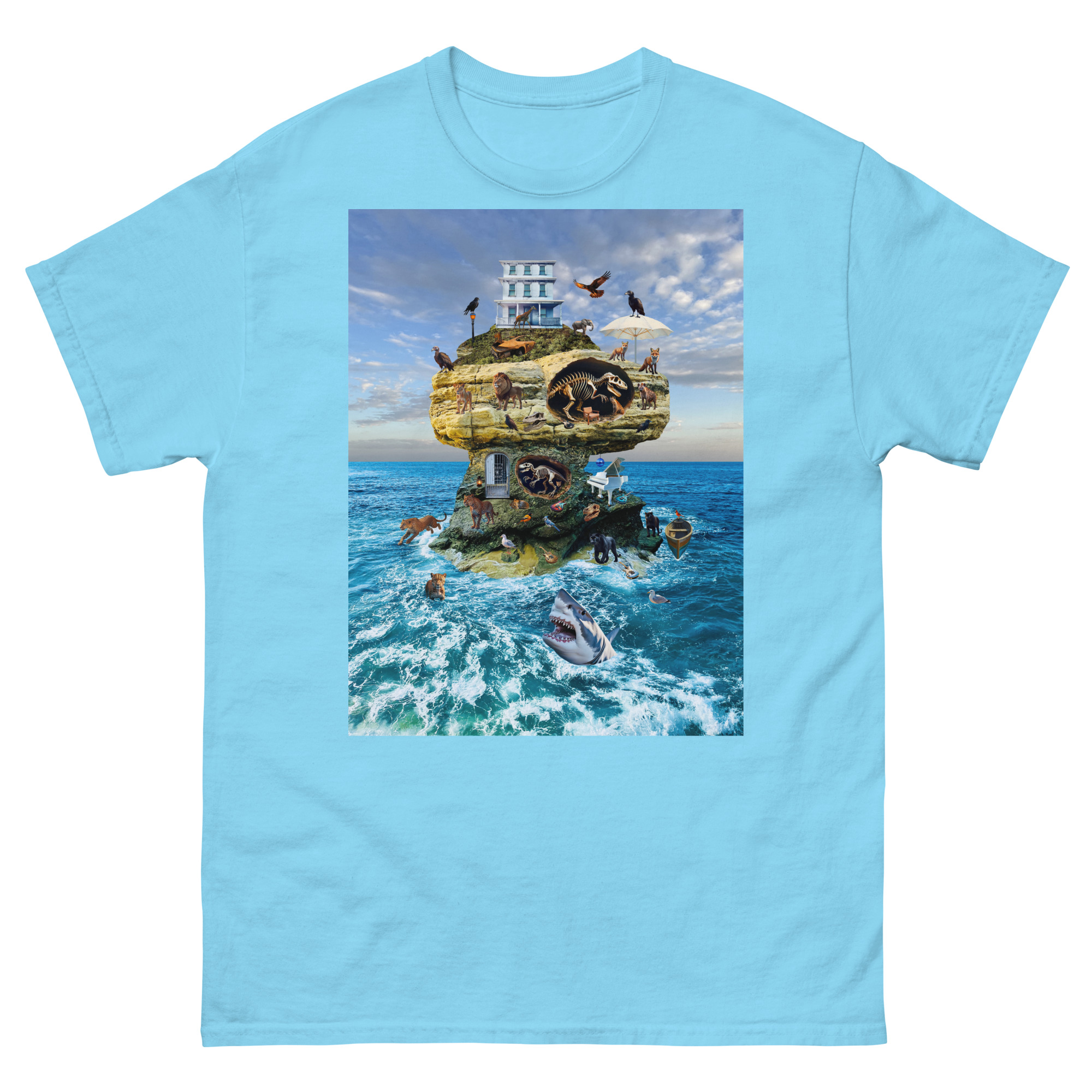 Sky blue t-shirt with surreal floating island design