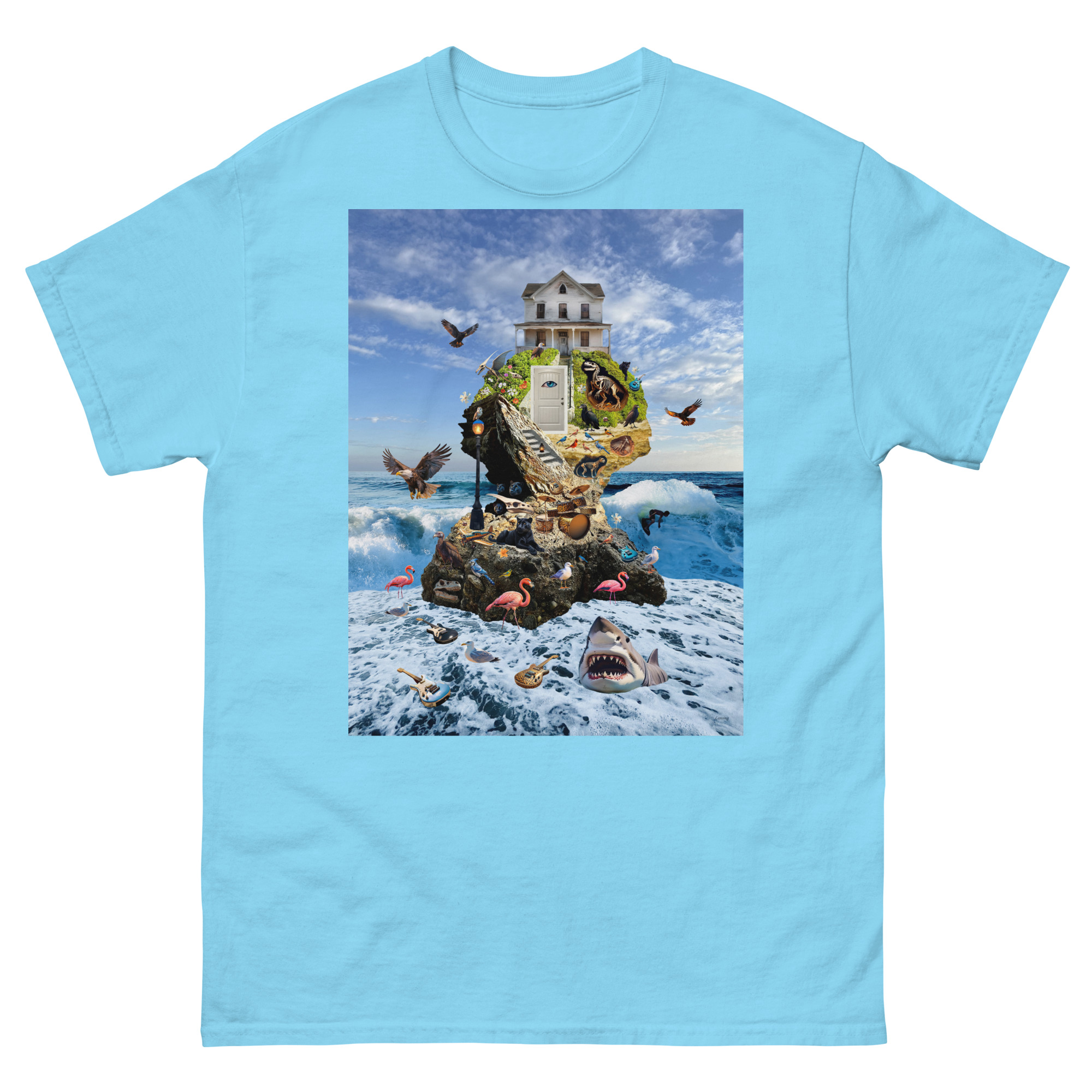 Light blue tee with surreal island collage