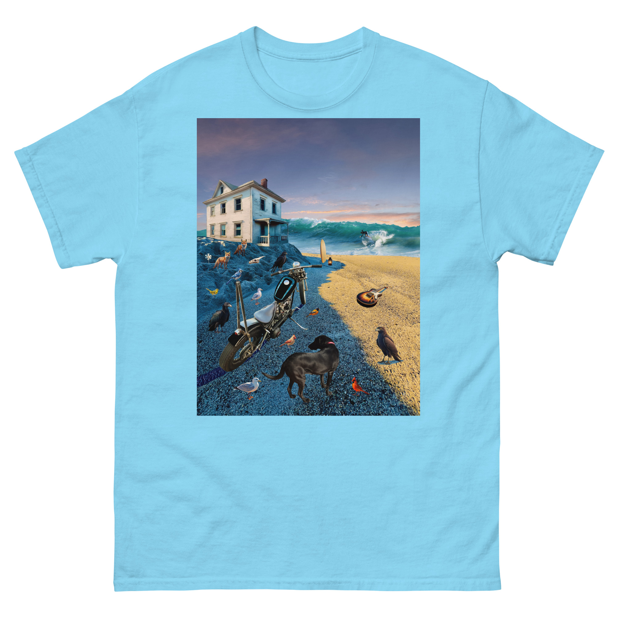Surreal beach scene with house, motorcycle, dog.