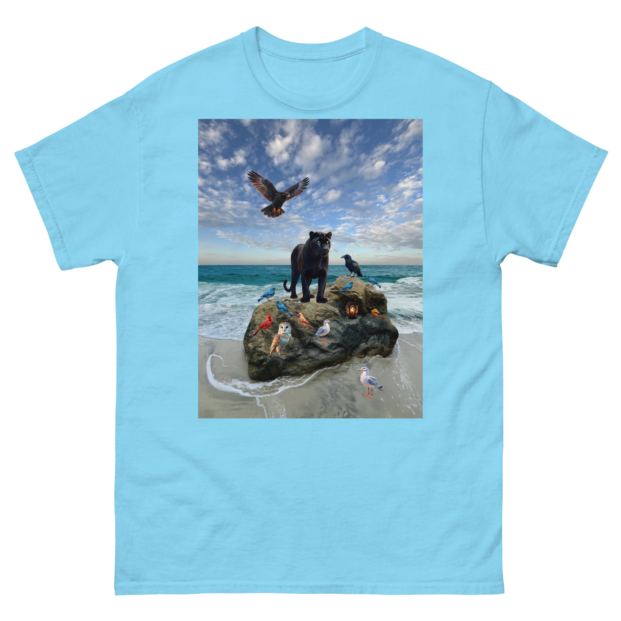 T-shirt featuring panther and seabirds on rock