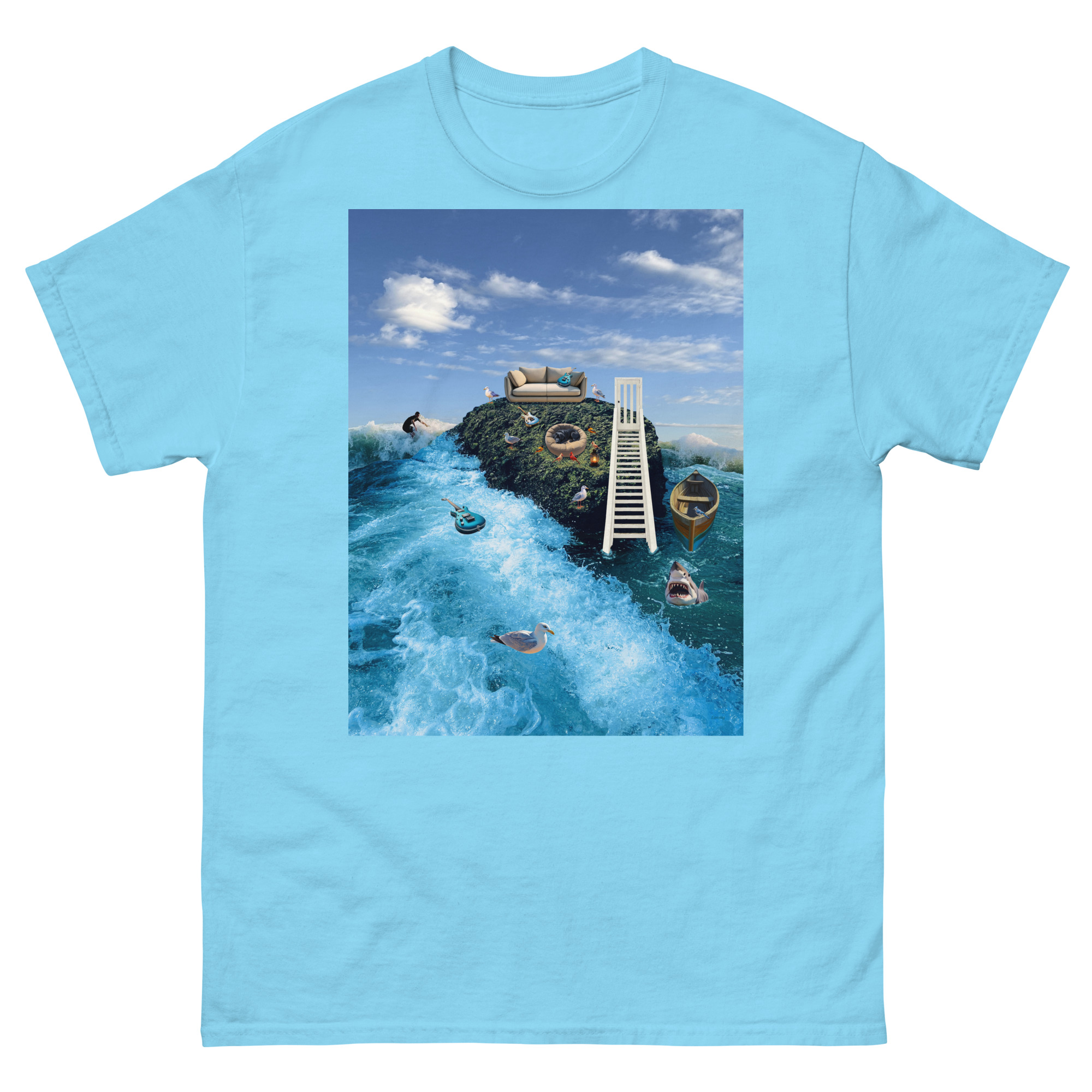 Surreal island with couch, stairs, boats