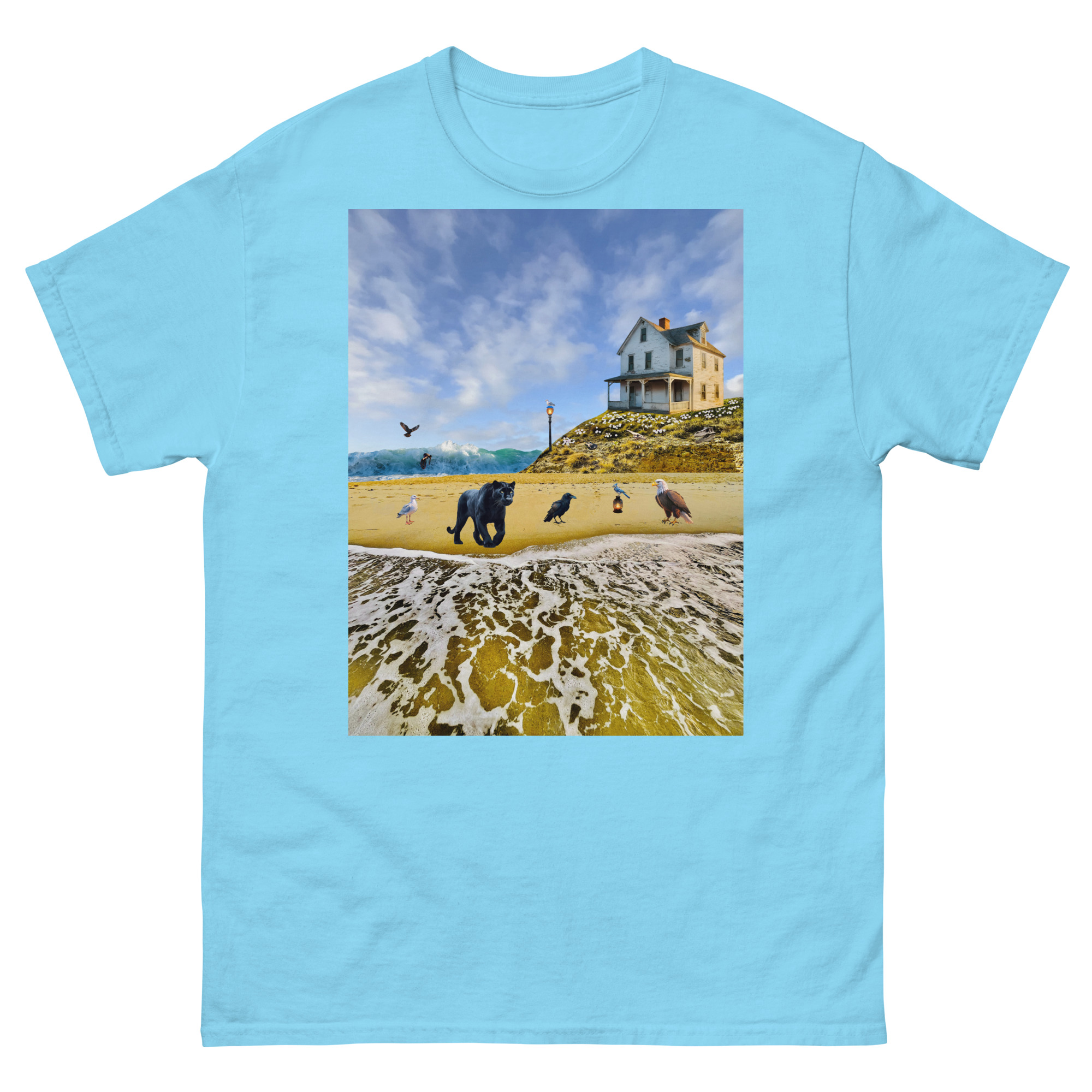 Light blue T-shirt with seaside house print