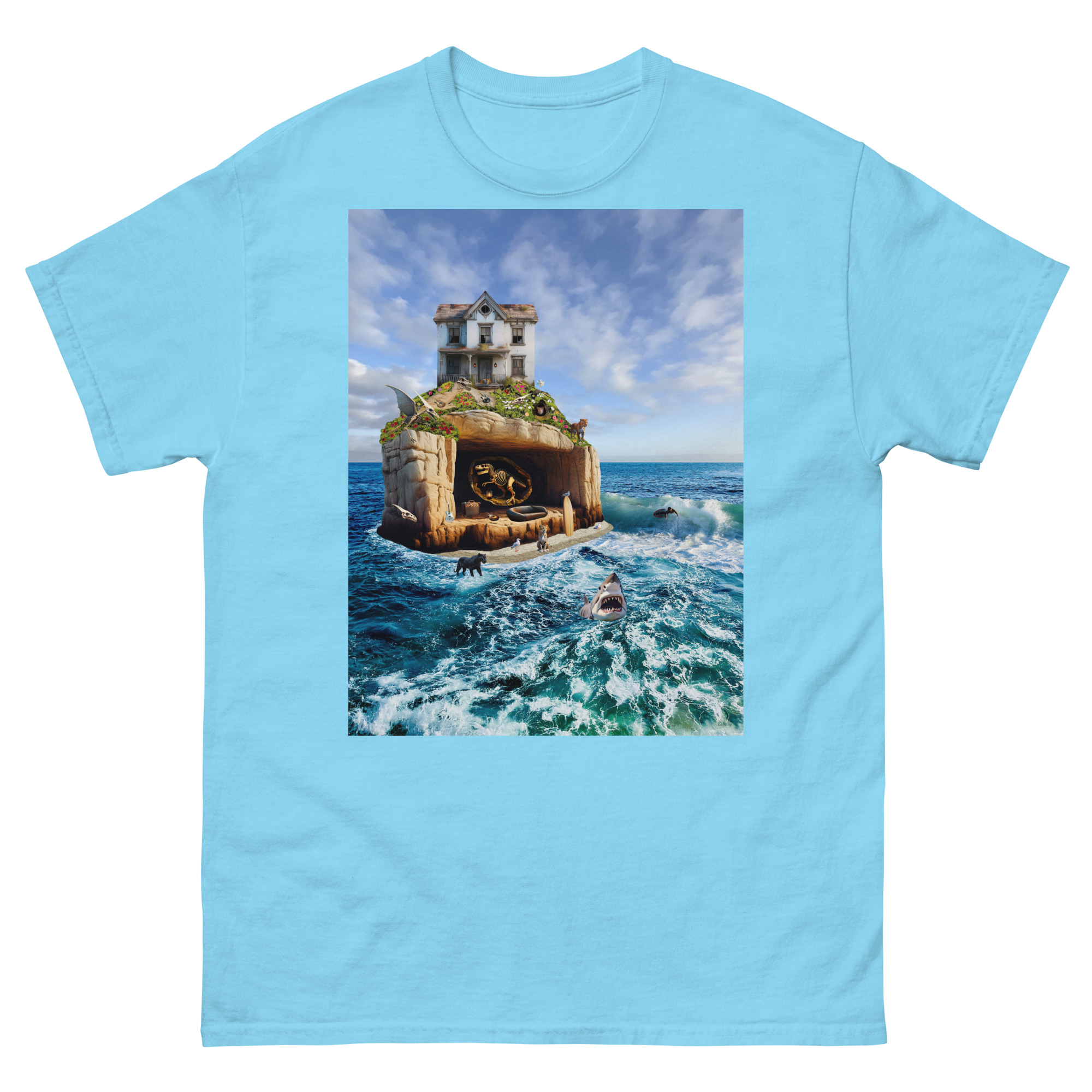 Light blue tee with surreal ocean house