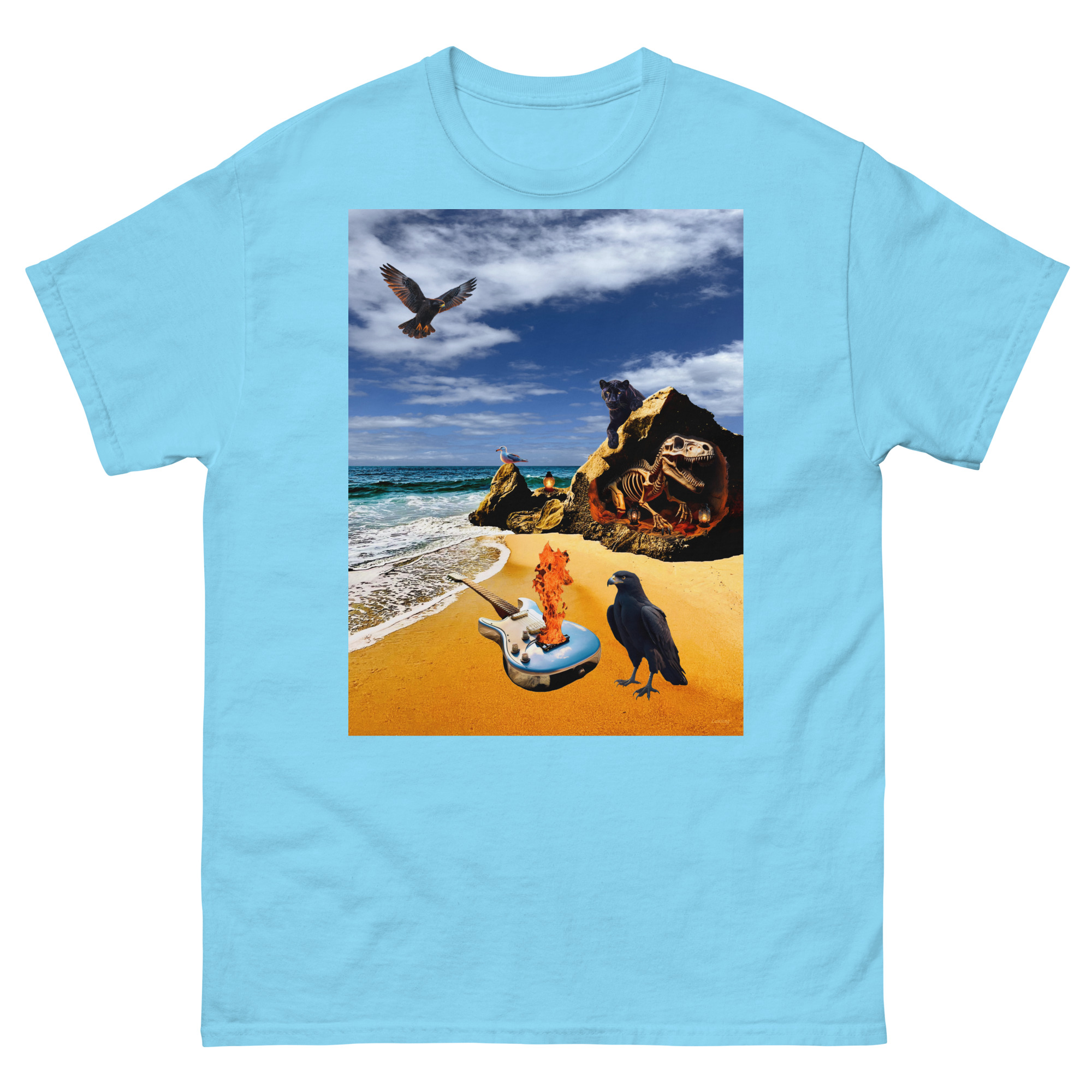 Light blue t-shirt featuring surreal beach artwork