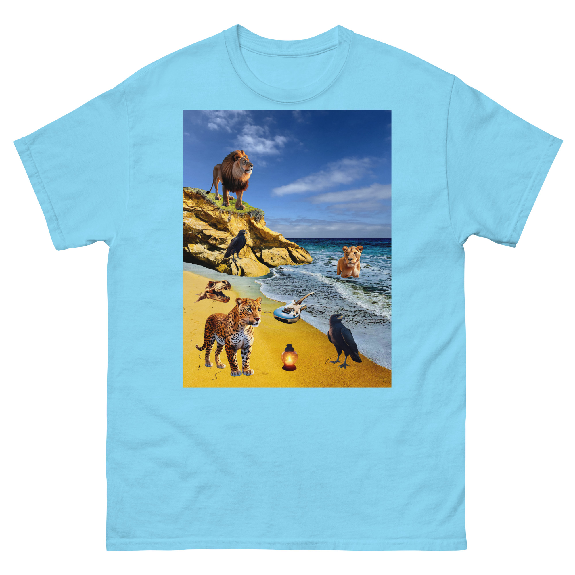 T-shirt print of surreal animals on beach