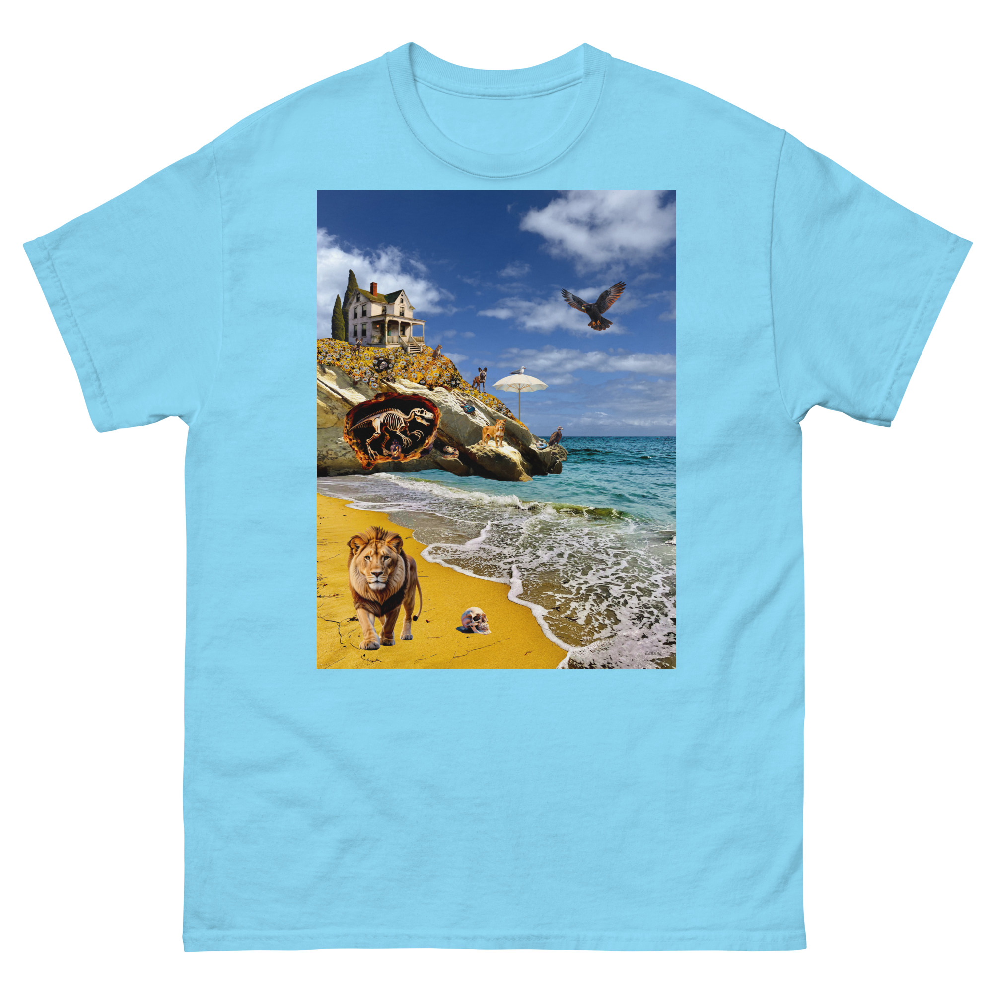 T-shirt design: lion on surreal beach