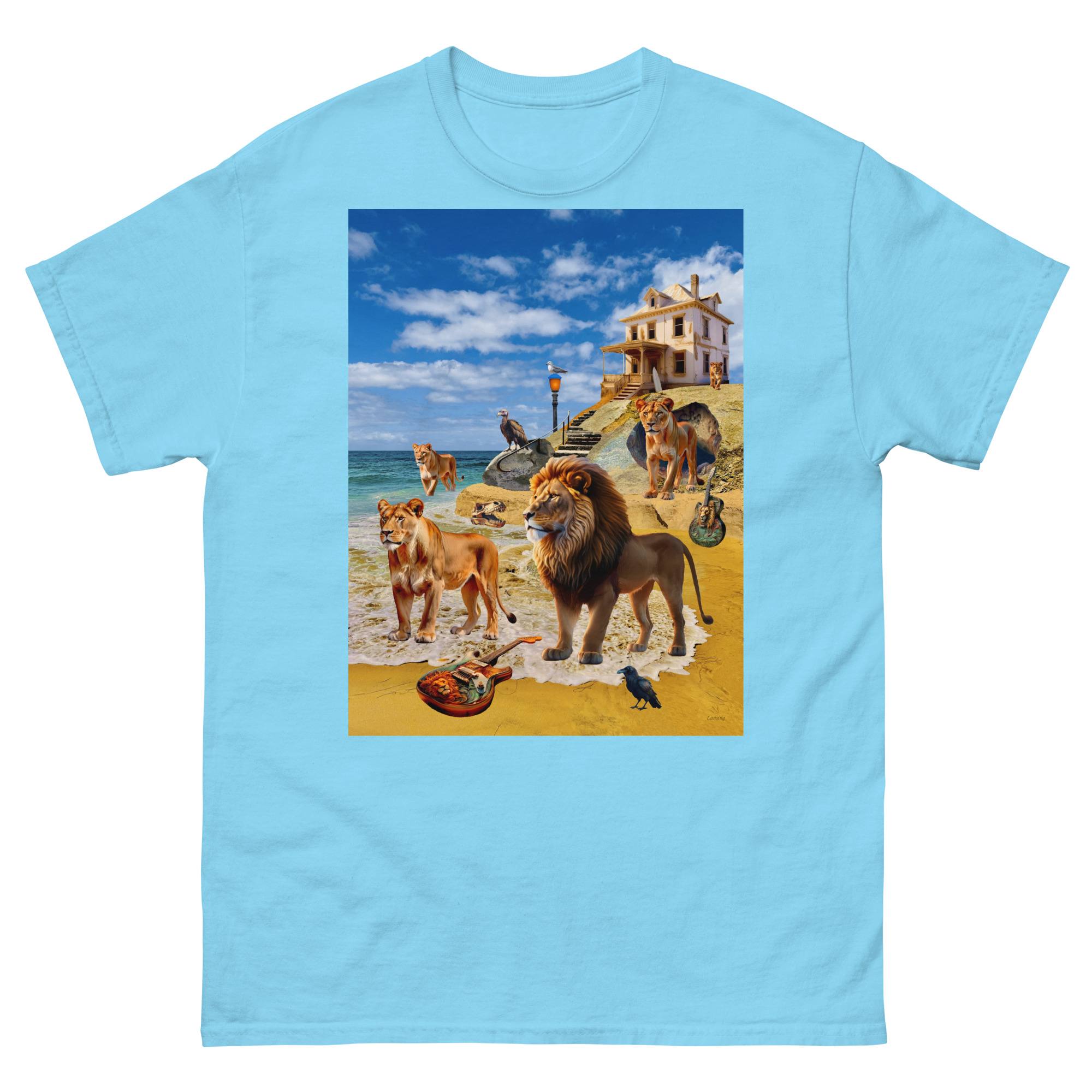 Lions and dogs on beach with seaside mansion
