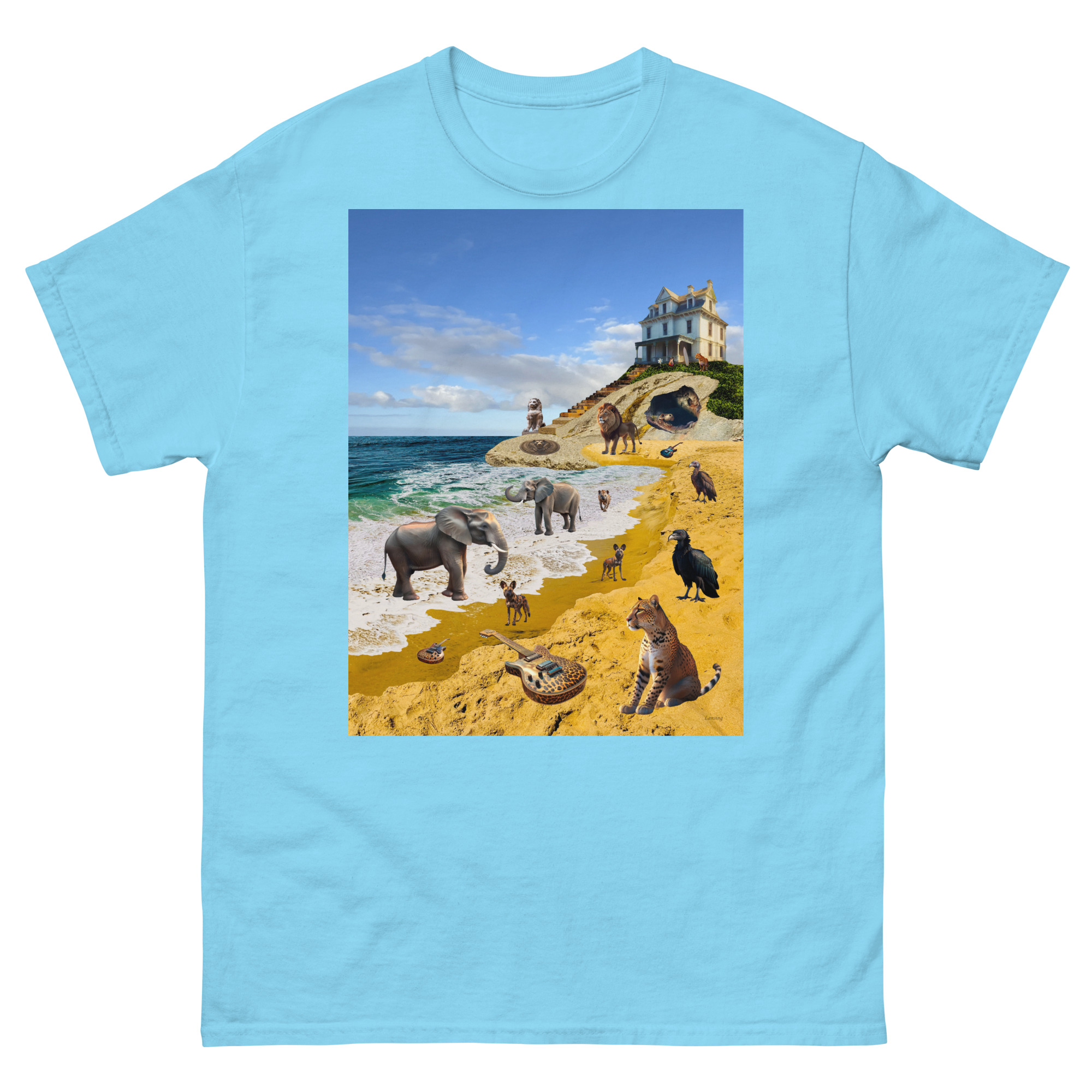 T-shirt featuring surreal beach animal collage