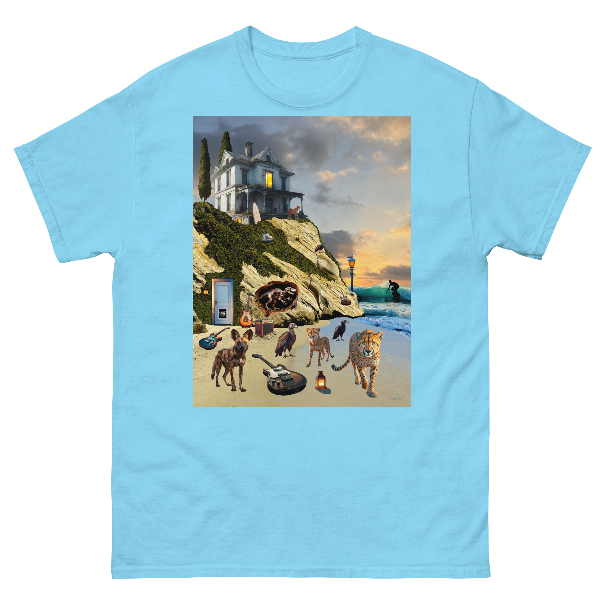 Surreal coastal collage featuring house and animals