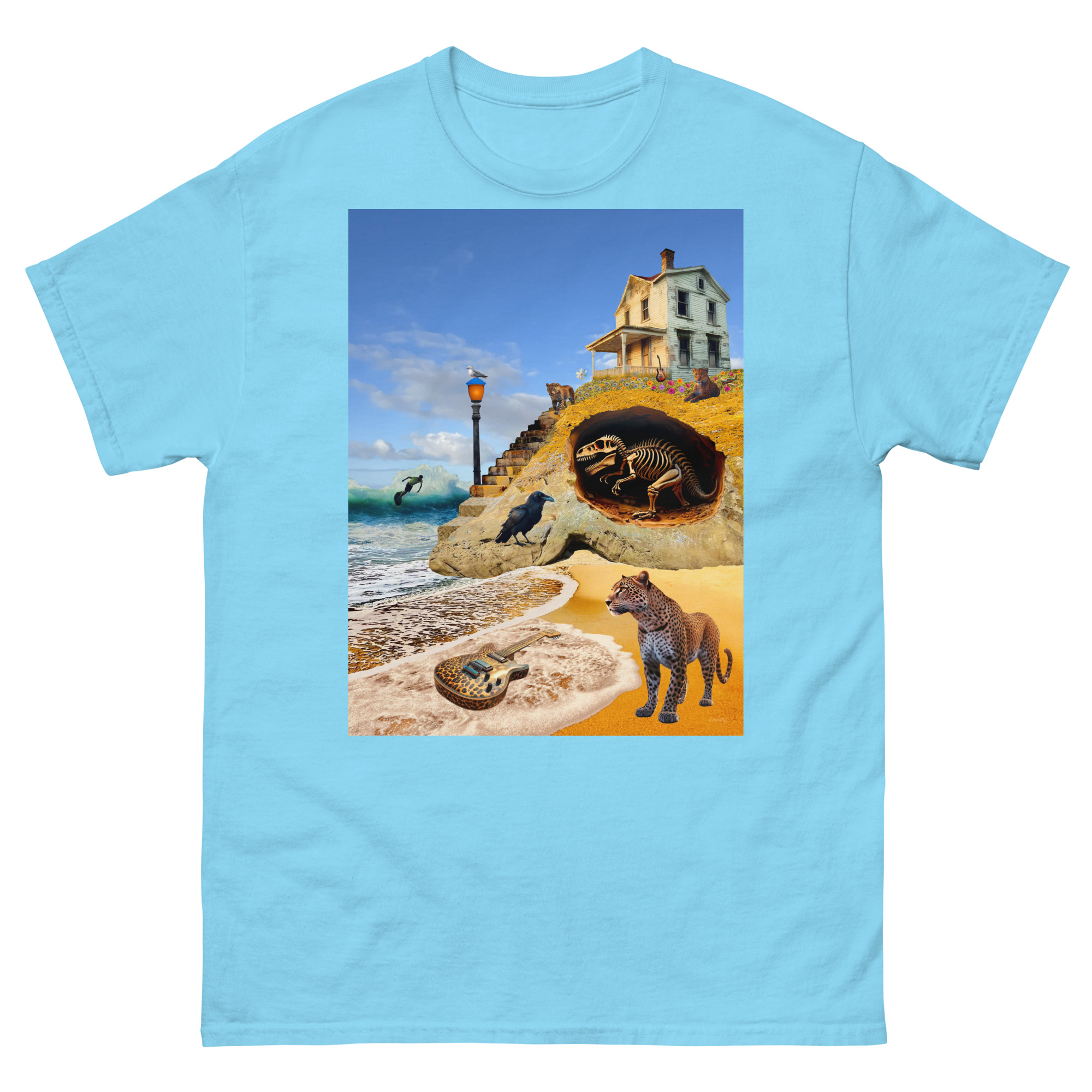 Surreal beach scene with house and animals
