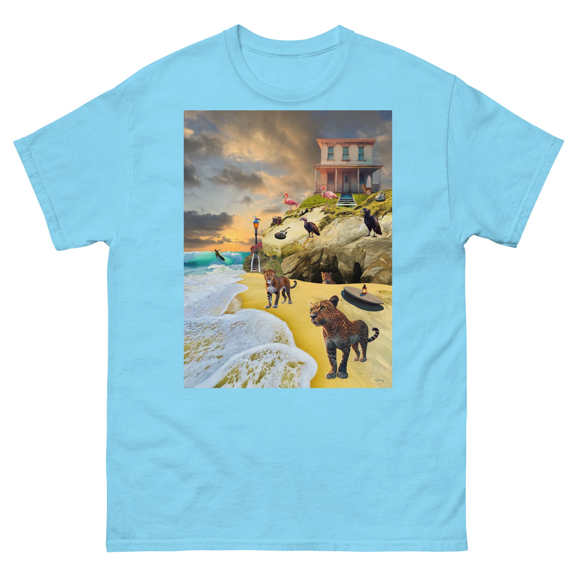 T-shirt print: surreal beach scene with big cats