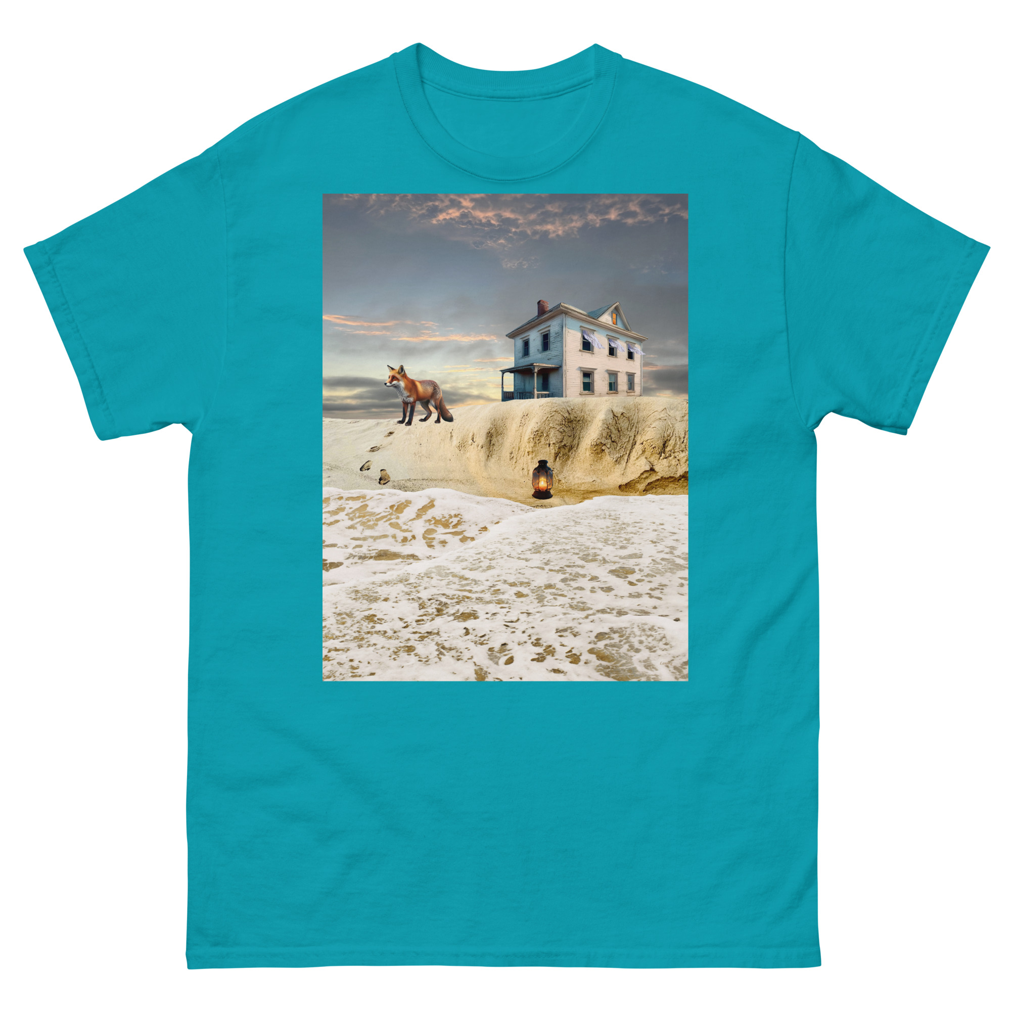Turquoise T-shirt with surreal house and fox