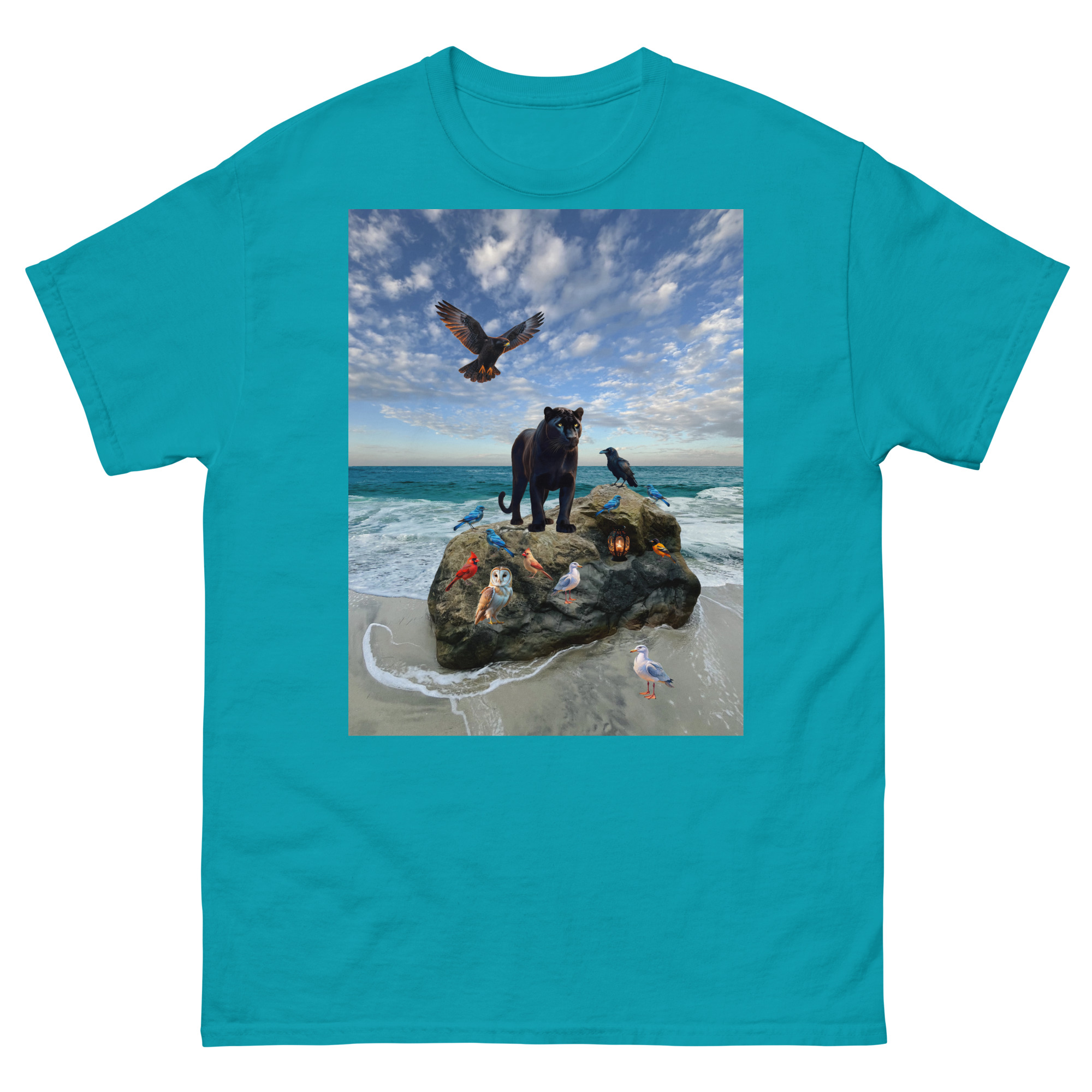Turquoise t-shirt featuring panther and birds
