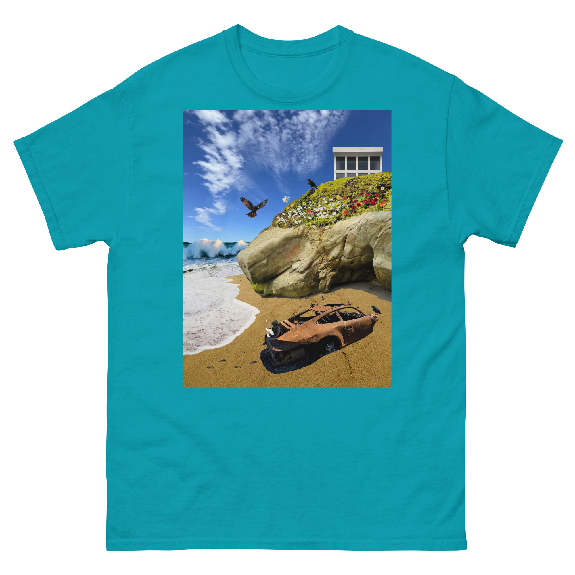 Rusty car on beach beneath cliffside house