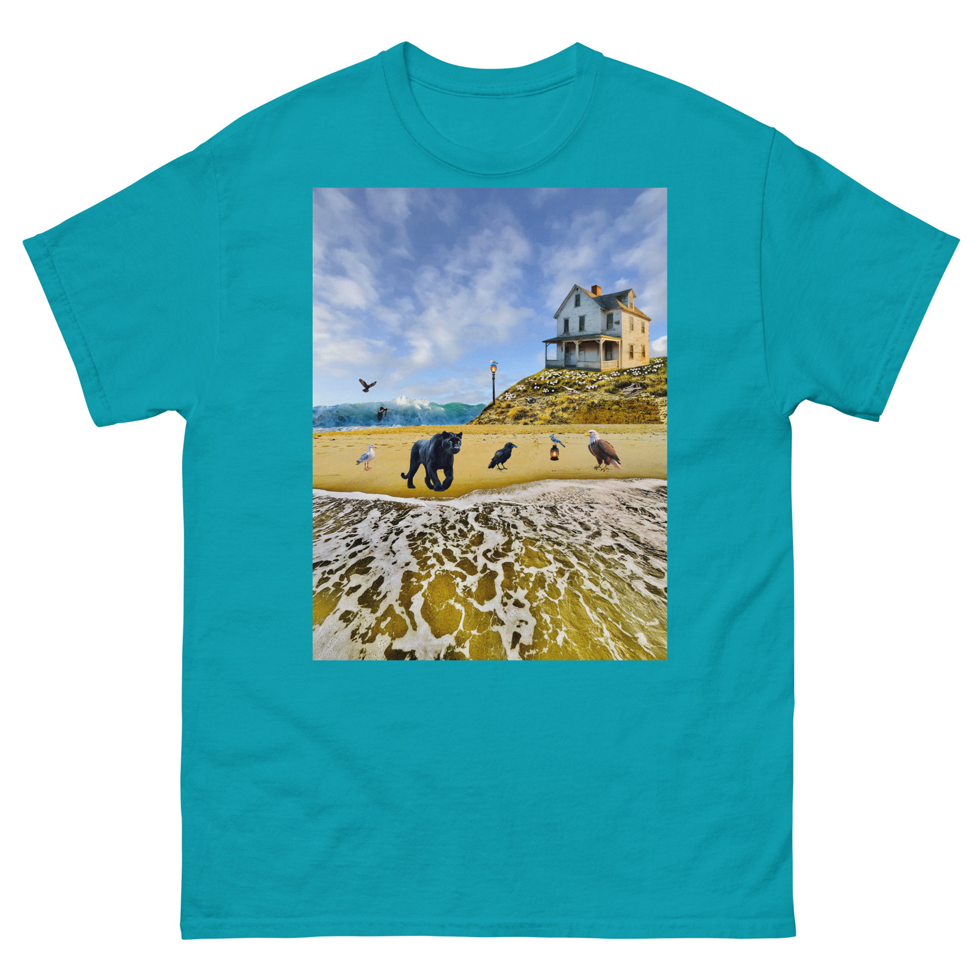 Elephant and birds on beach by house