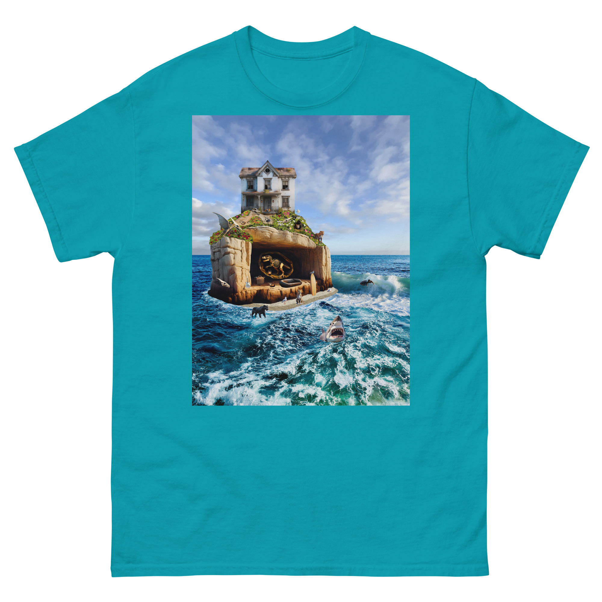 Turquoise t-shirt with skull-shaped island, house