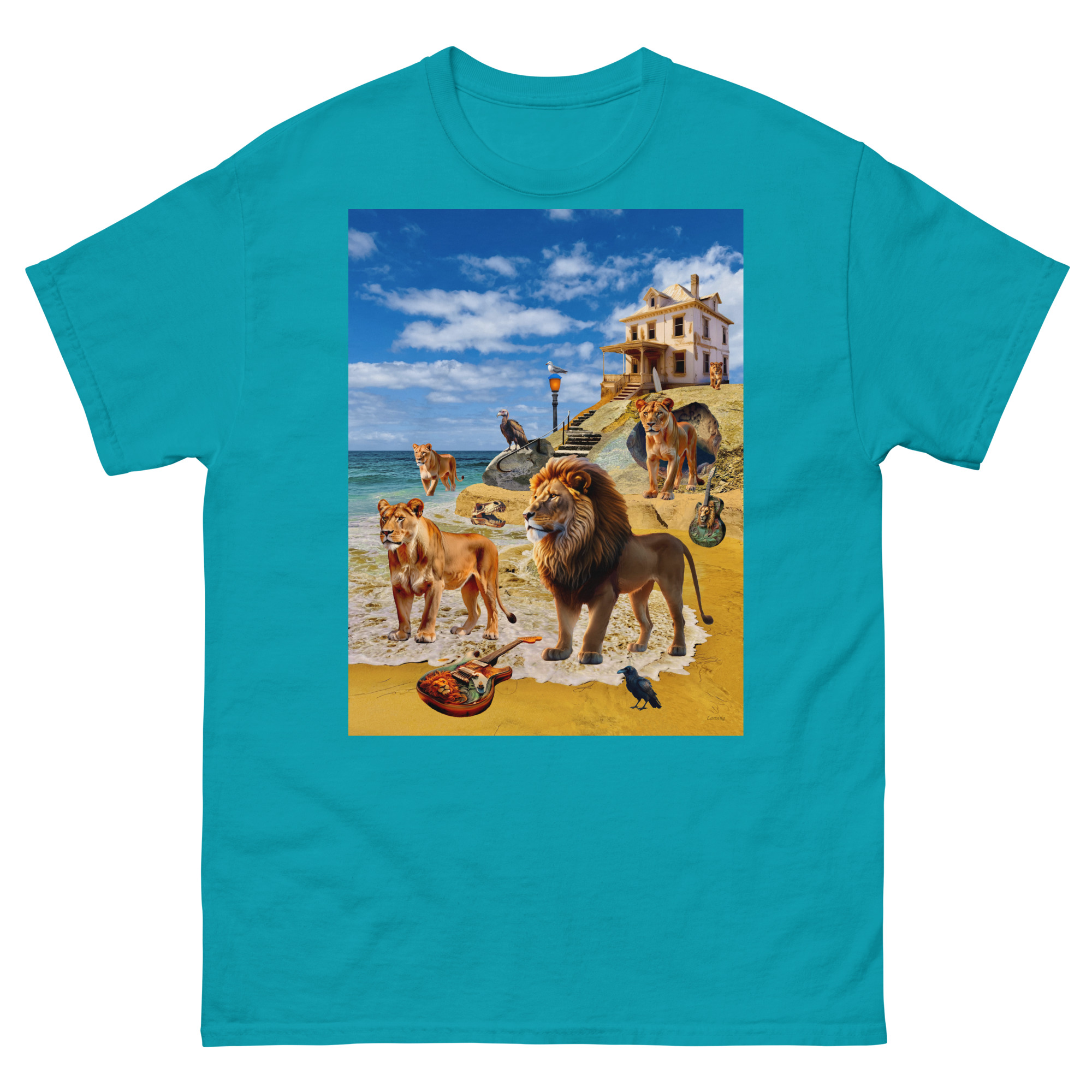 Turquoise t-shirt featuring lions on a beach