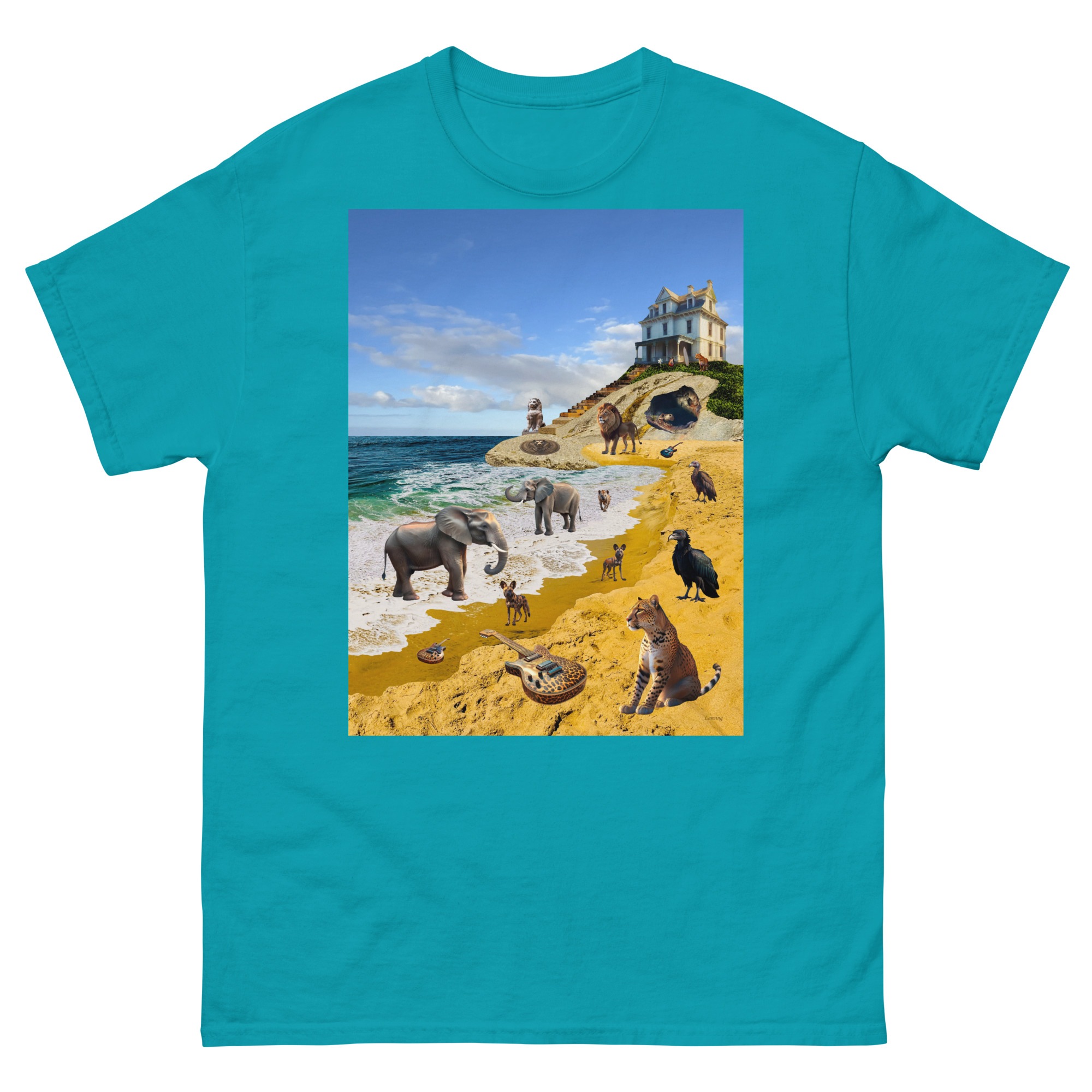 Turquoise t-shirt with surreal beach print