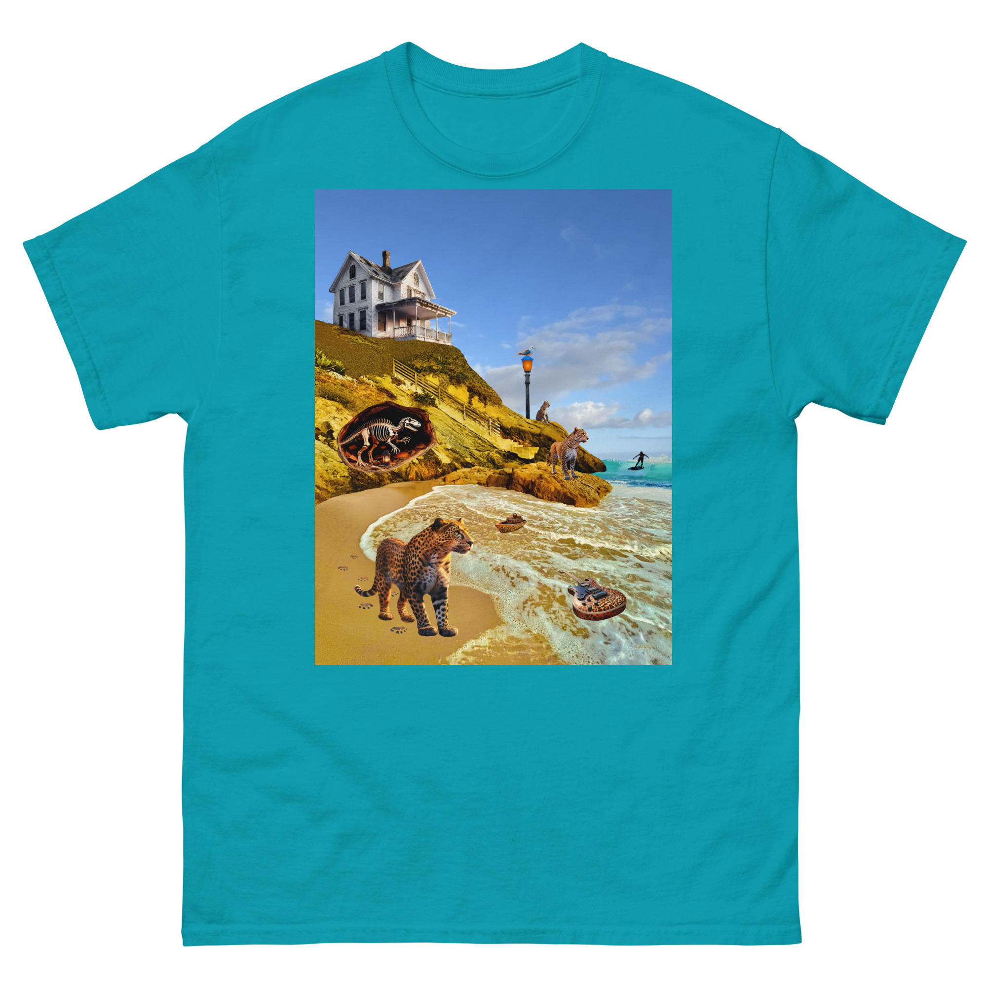 Turquoise T-shirt with beach house and animals