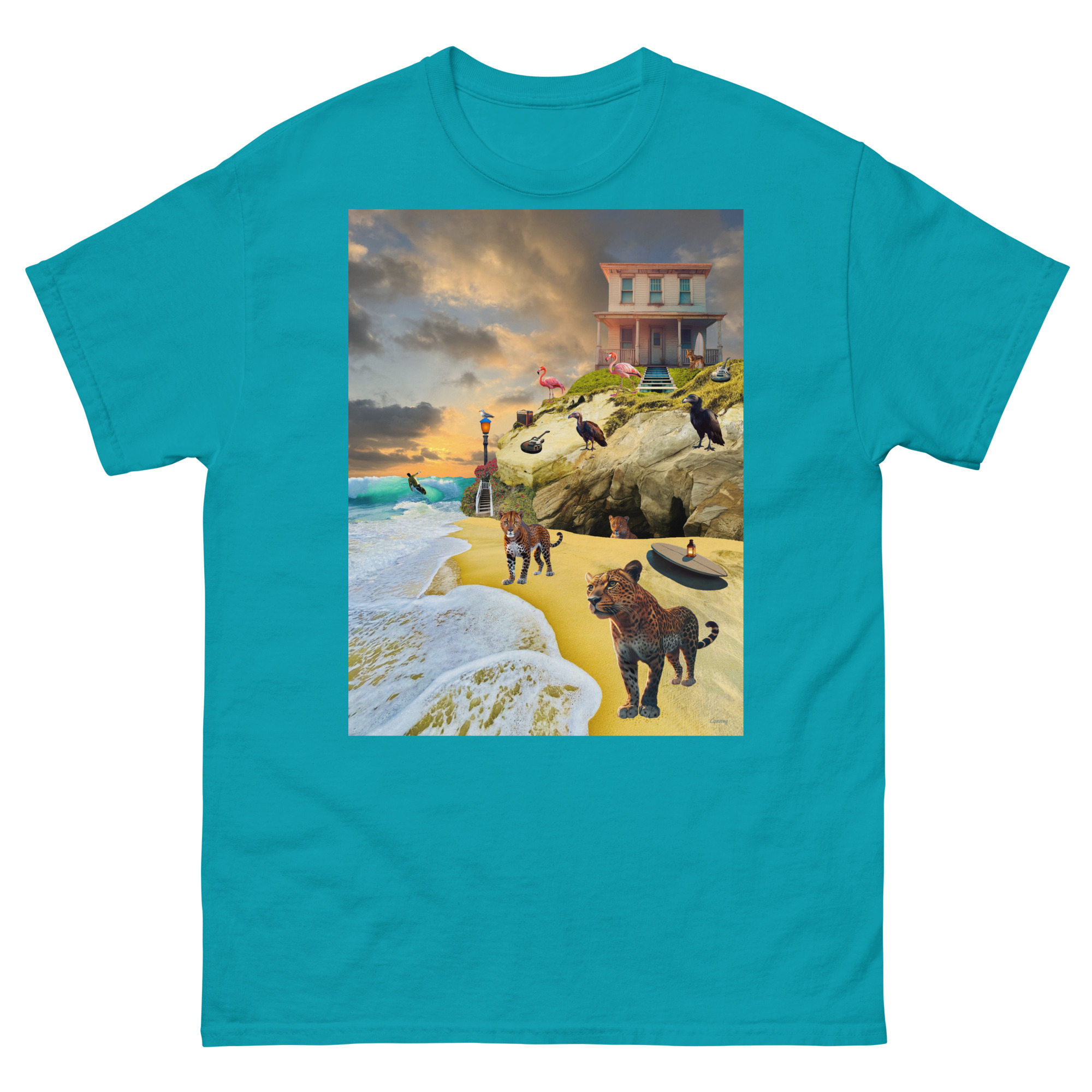 Turquoise T-shirt featuring surreal beach with panthers