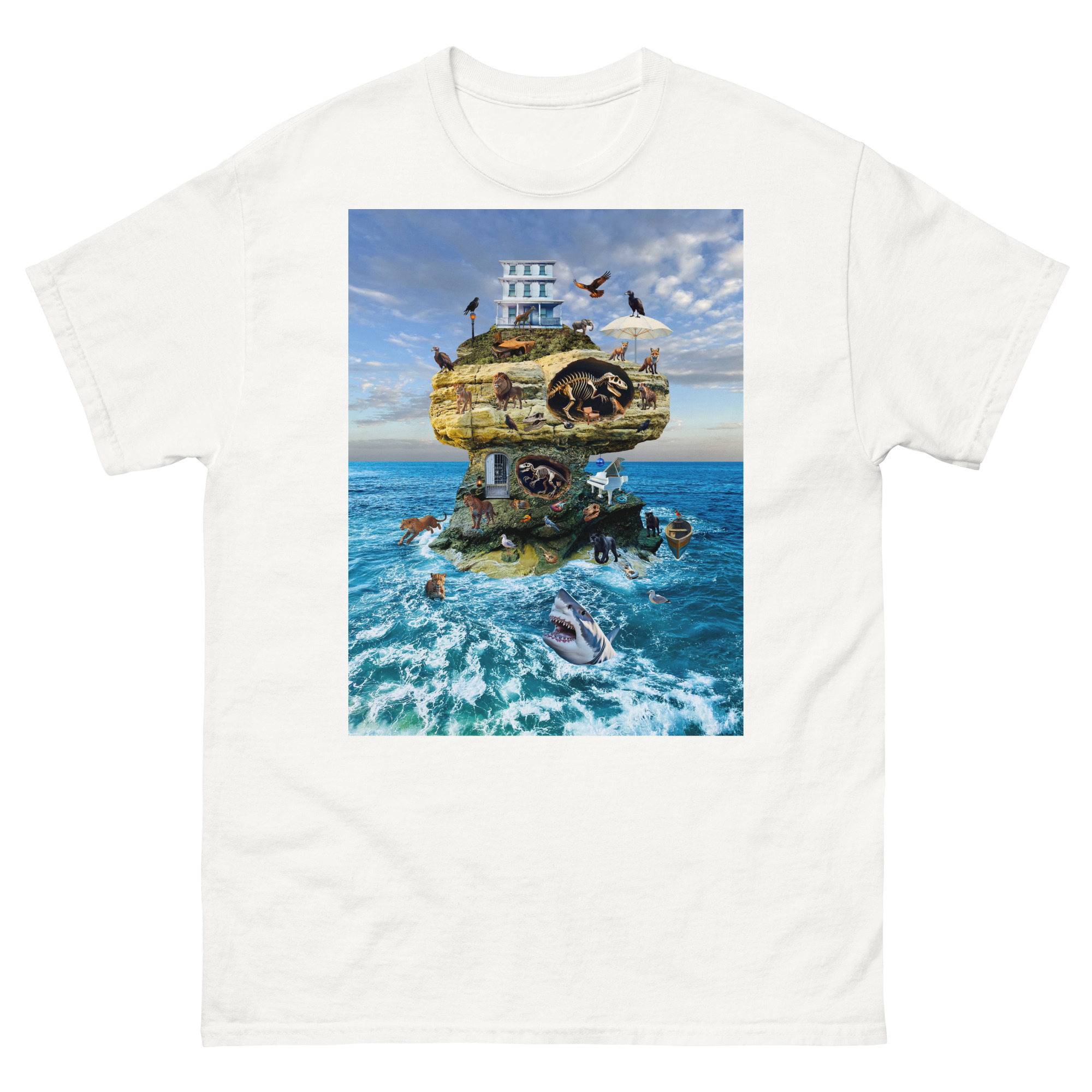 Surreal floating rock island with animals and shark