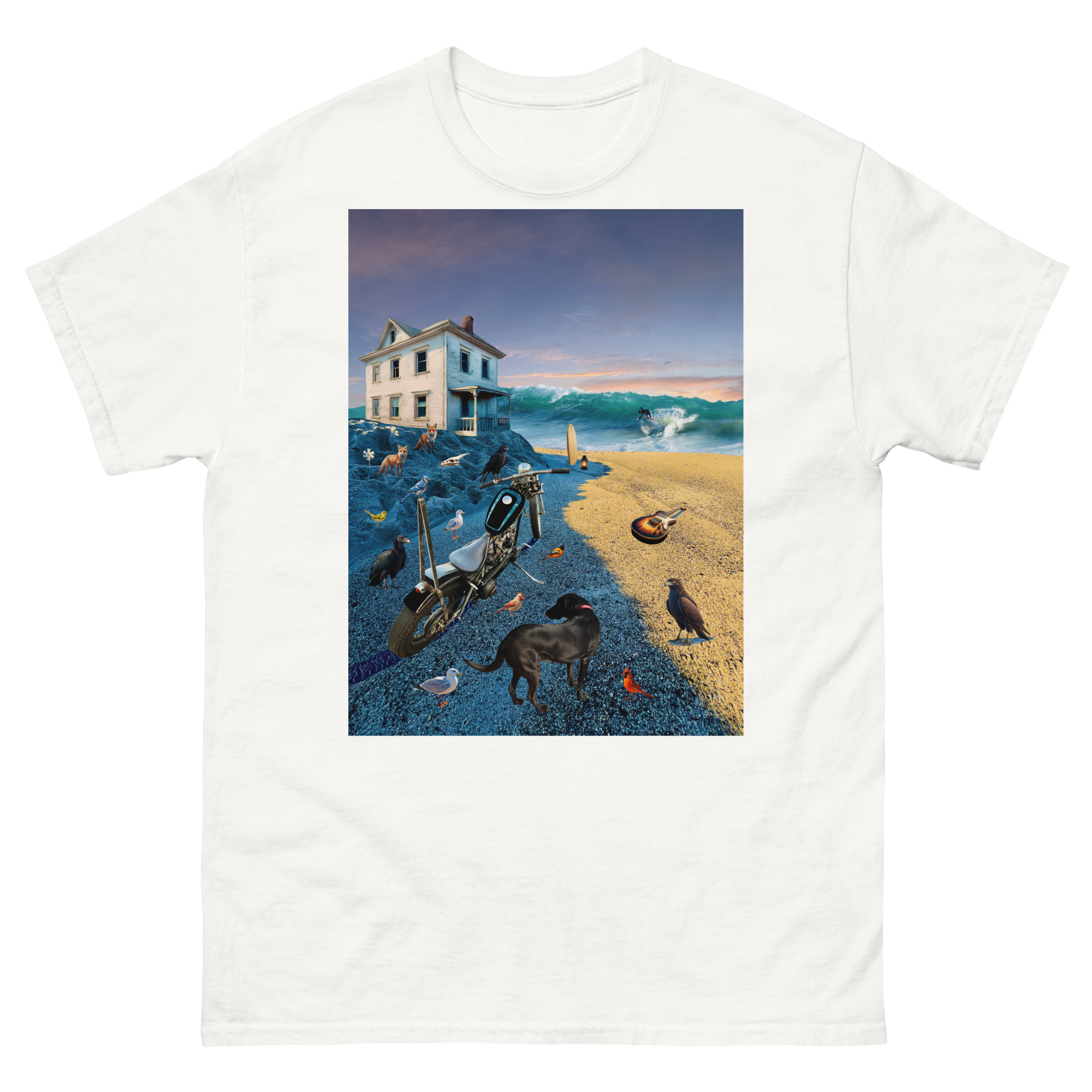 Surreal beach scene with house, motorcycle, dog