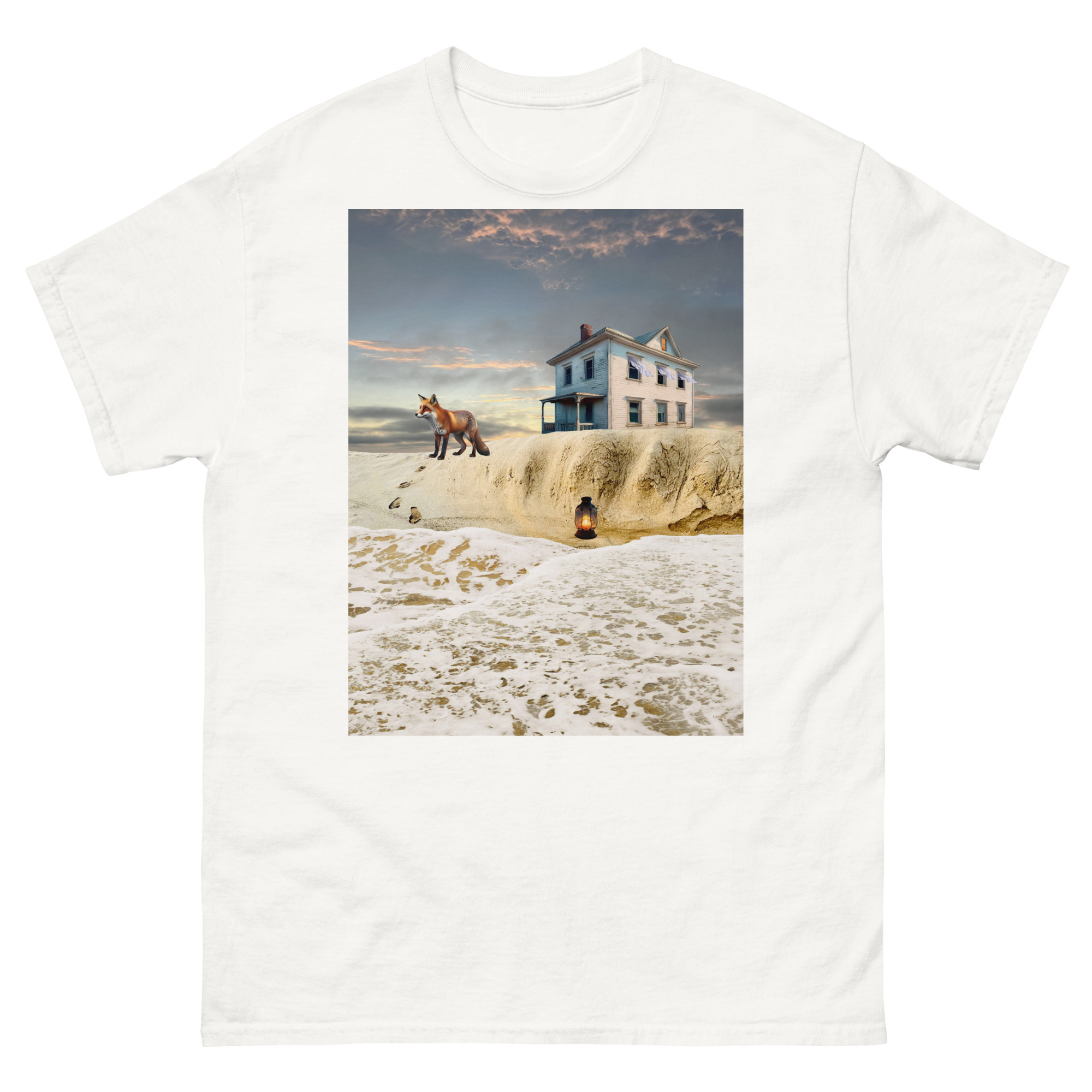 T-shirt featuring surreal coastal house and fox