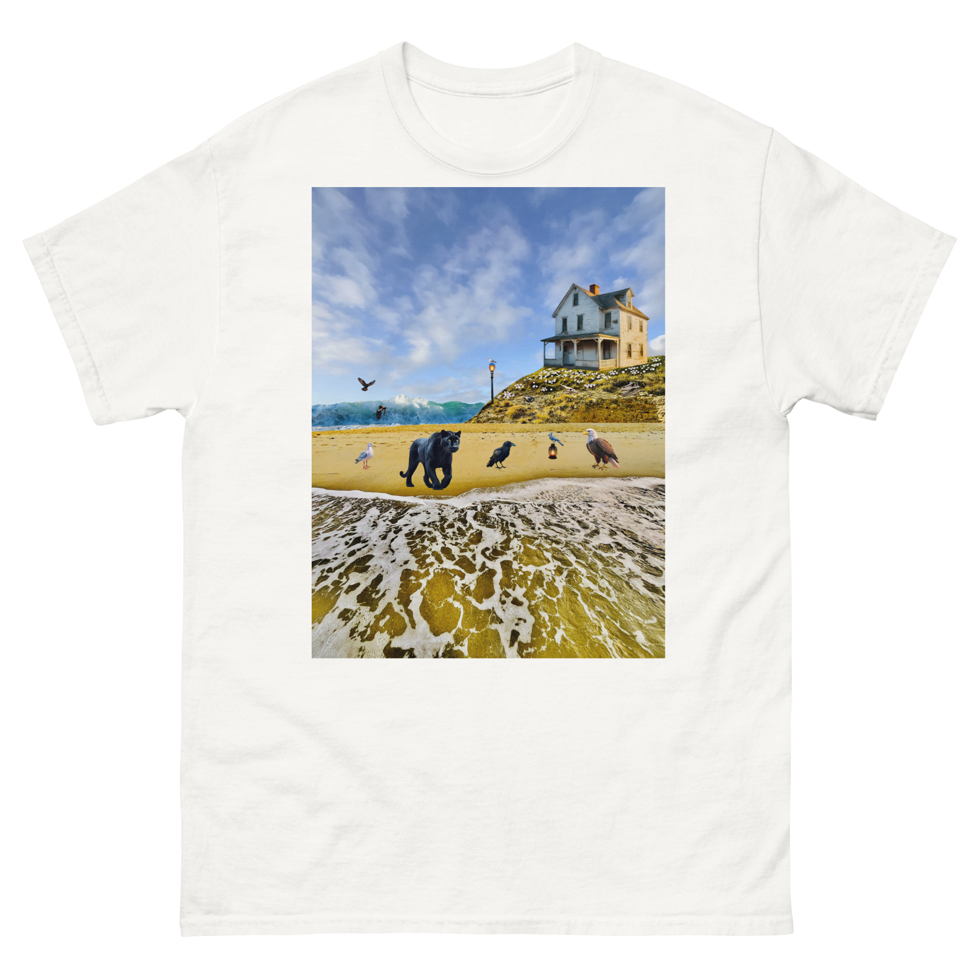 White T-shirt featuring beach house and dog