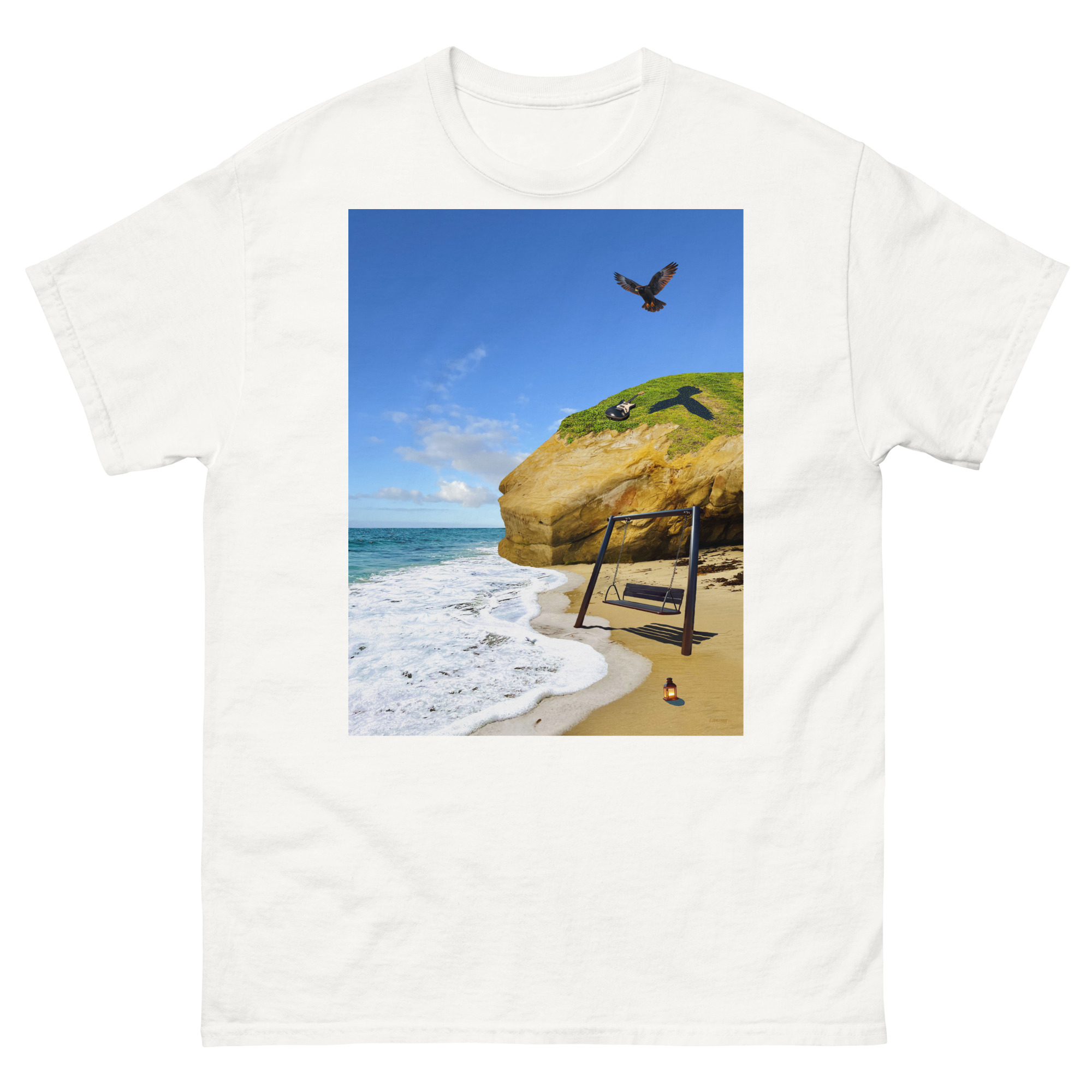 Beach swing on sandy shore under cliff