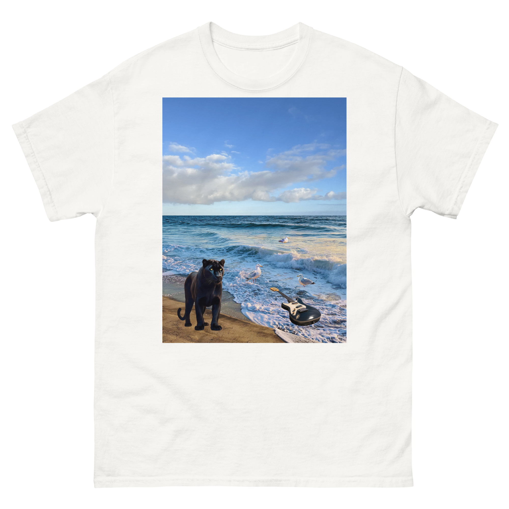 Black panther on beach next to guitar