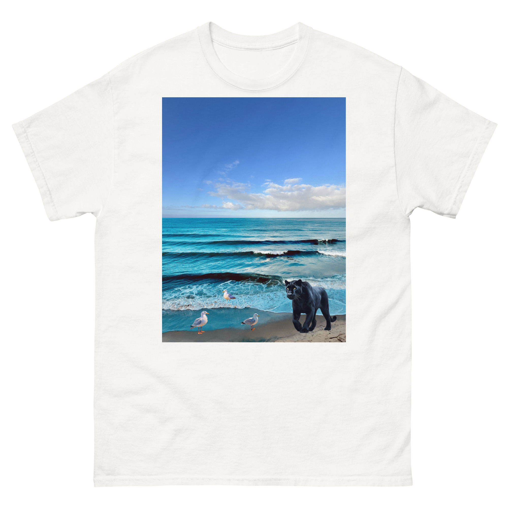 Beach scene with seagulls and black panther