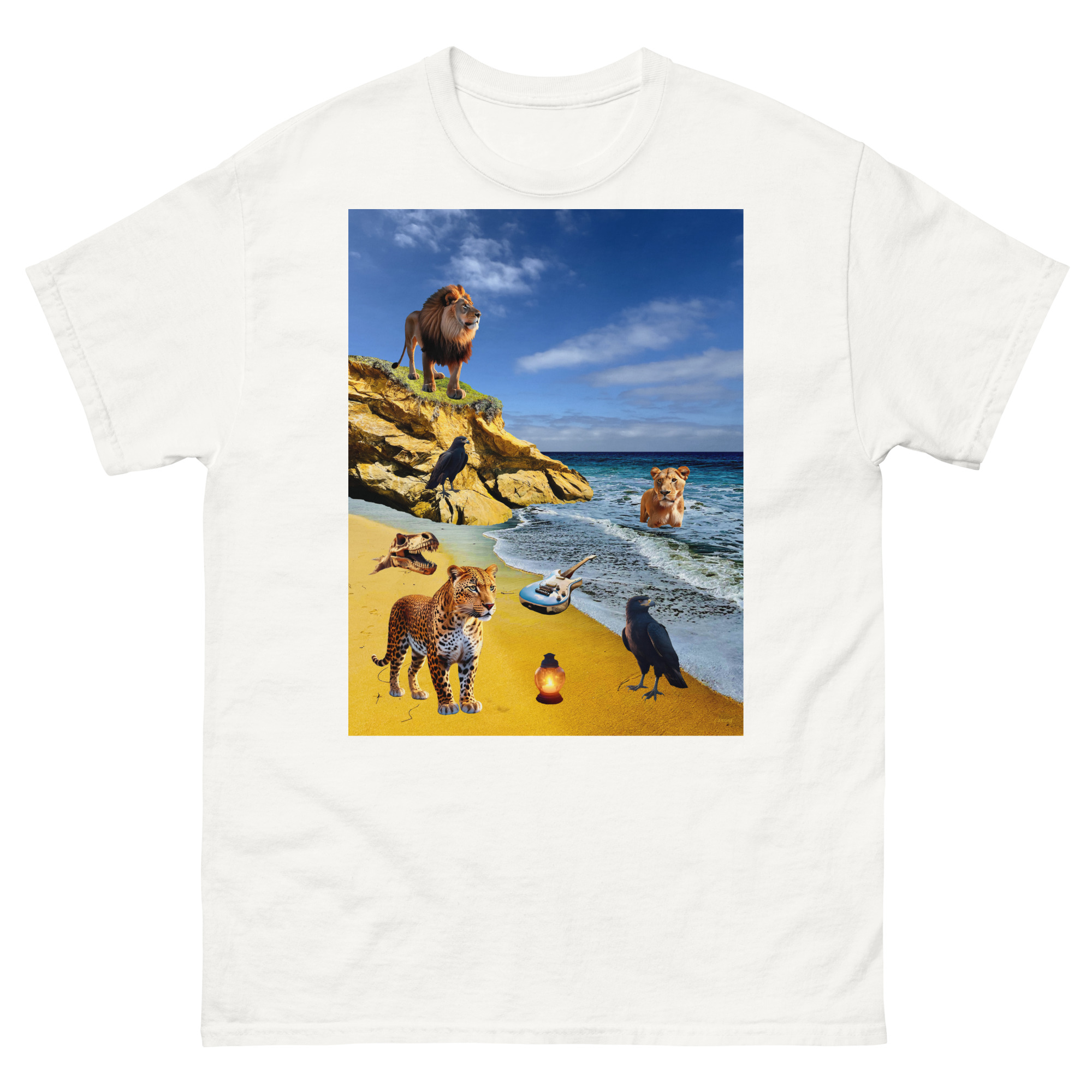 White T-shirt with surreal animals on beach