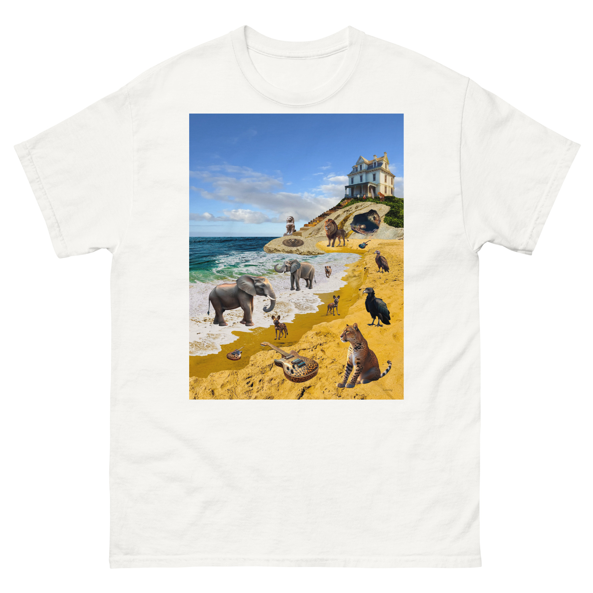 Surreal beach scene with animals and cliff house