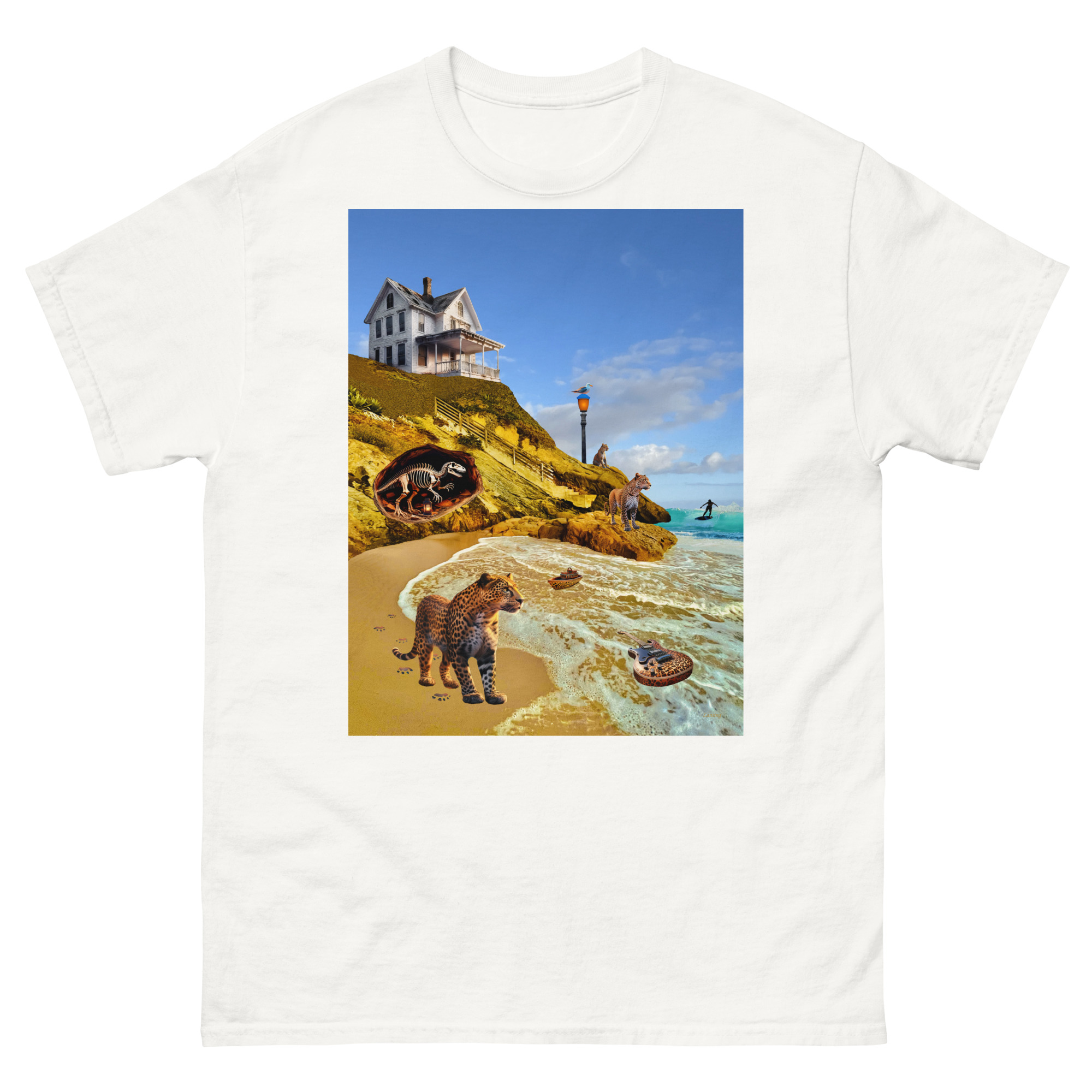 White t-shirt with surreal beach animal print