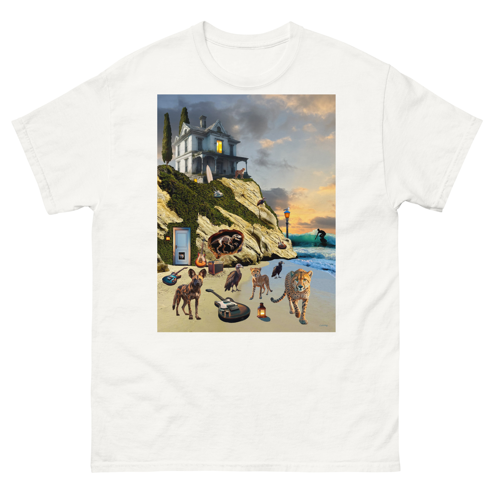 Surreal seaside mansion with animals and objects