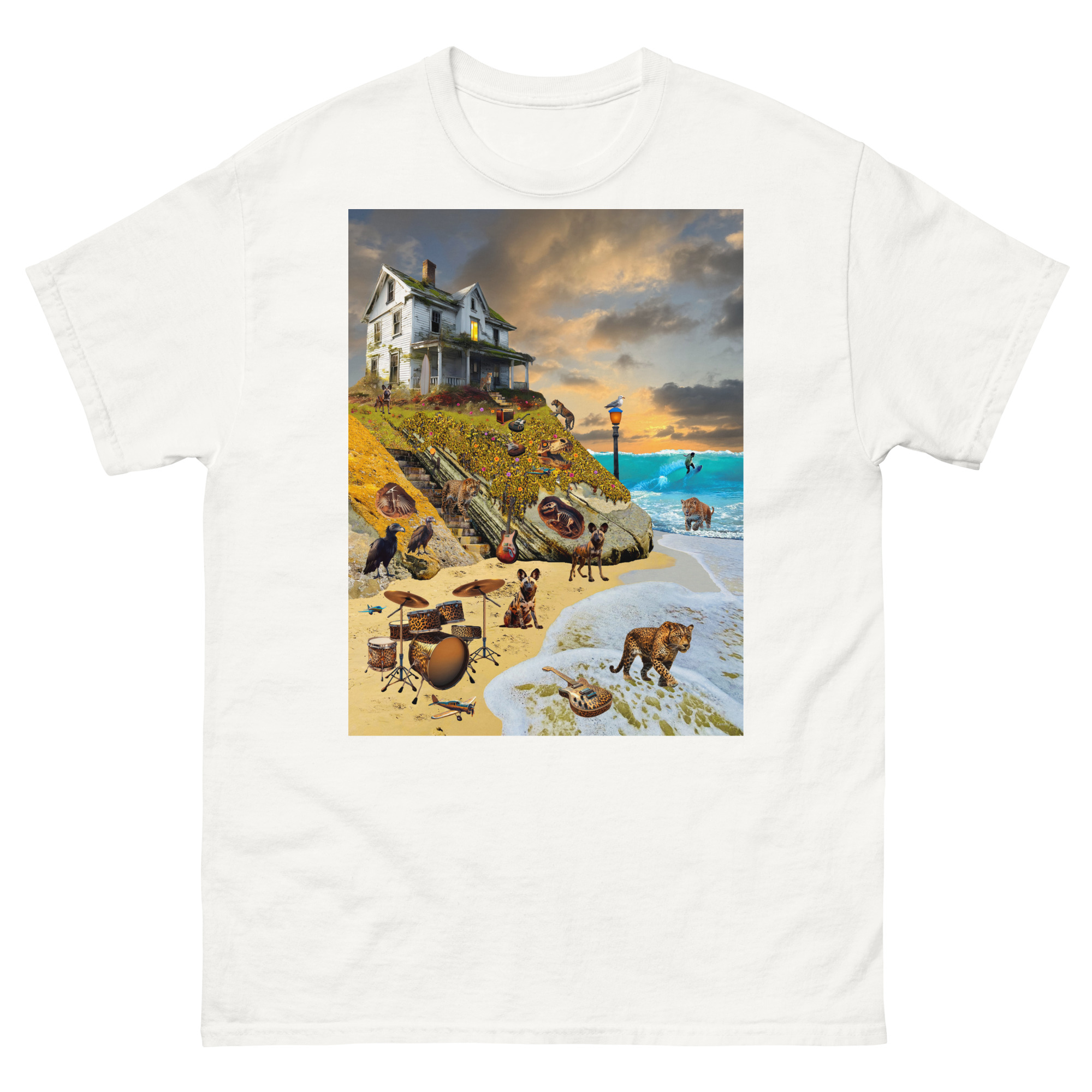 T-shirt design: surreal coastal collage, house, animals