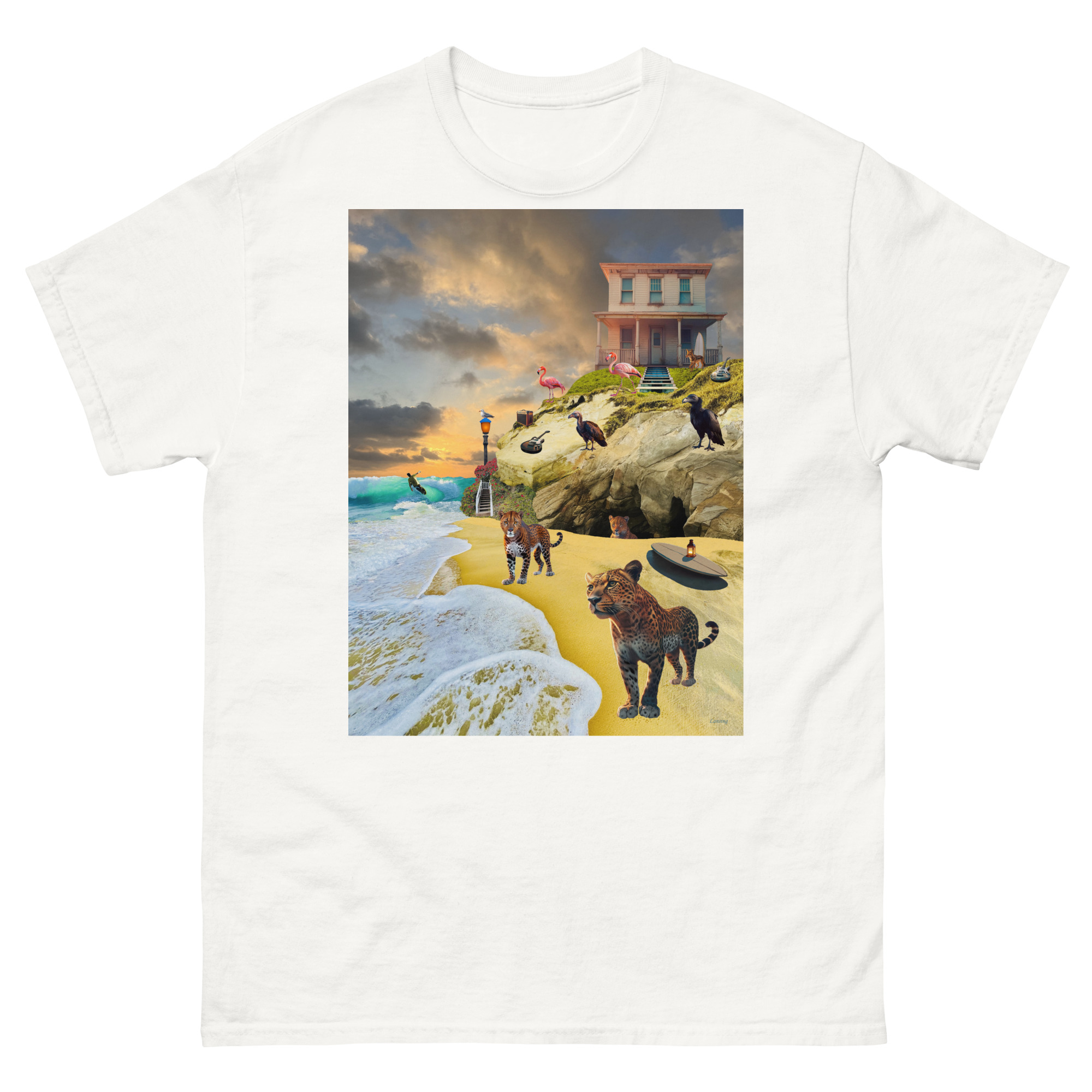 Beach scene with wild animals and house