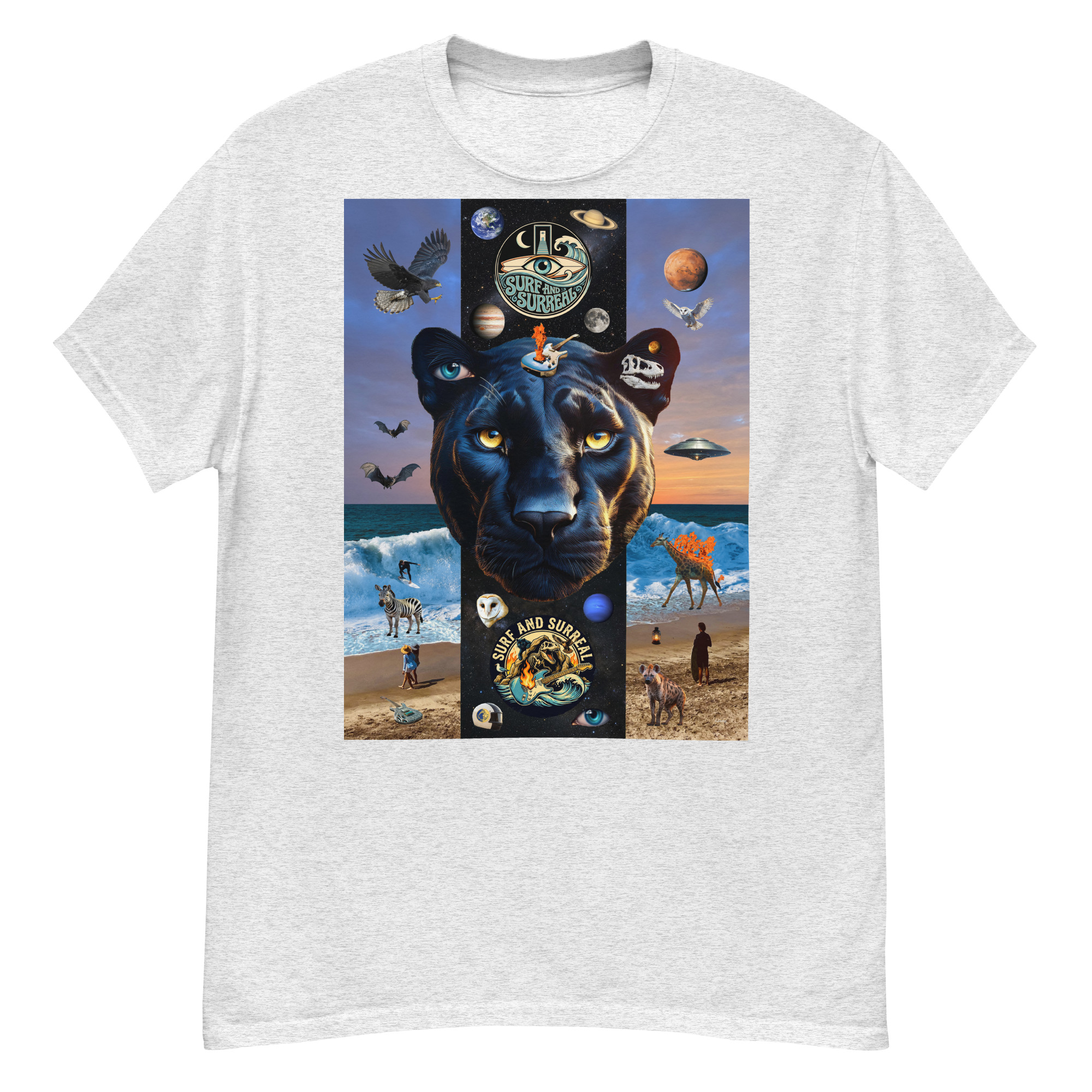 Gray tee featuring black panther surreal beach design
