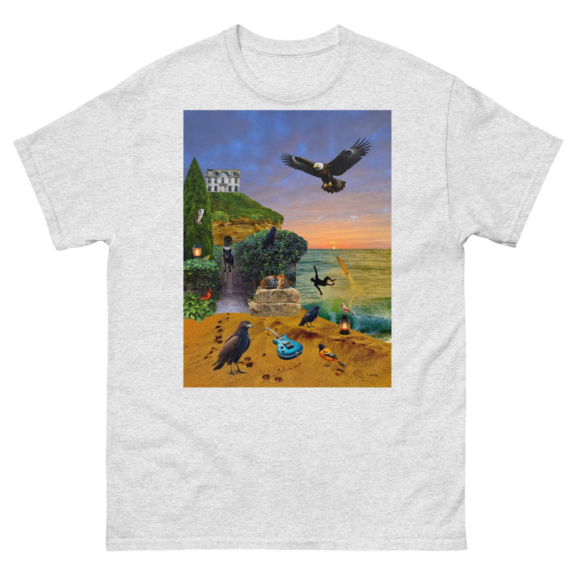 Surreal coastal collage with birds, house, ocean